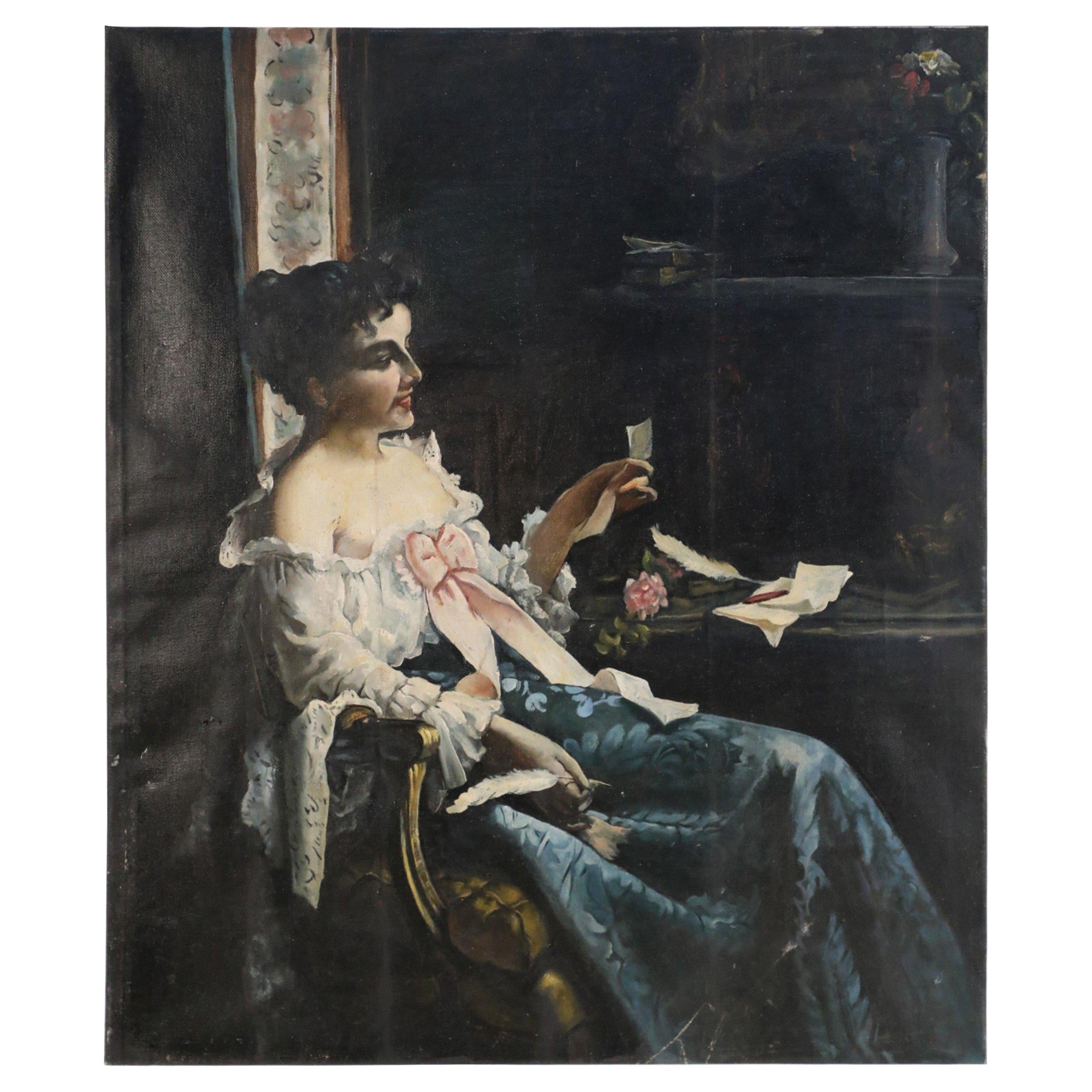 Peinture à l'huile sur toile vintage - Femme victorienne au bureau en vente