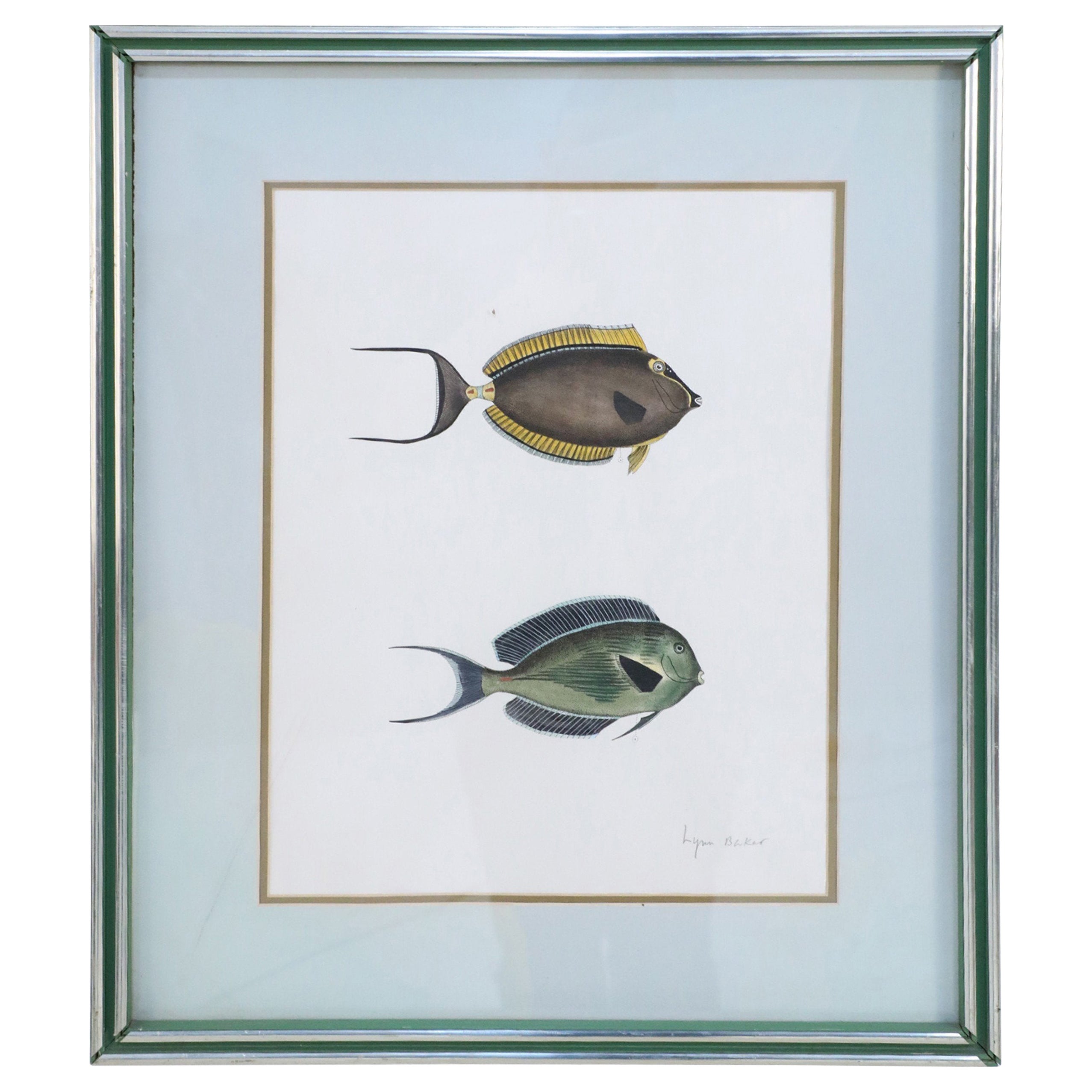 Litografía enmarcada de dos peces tropicales marrones y grises