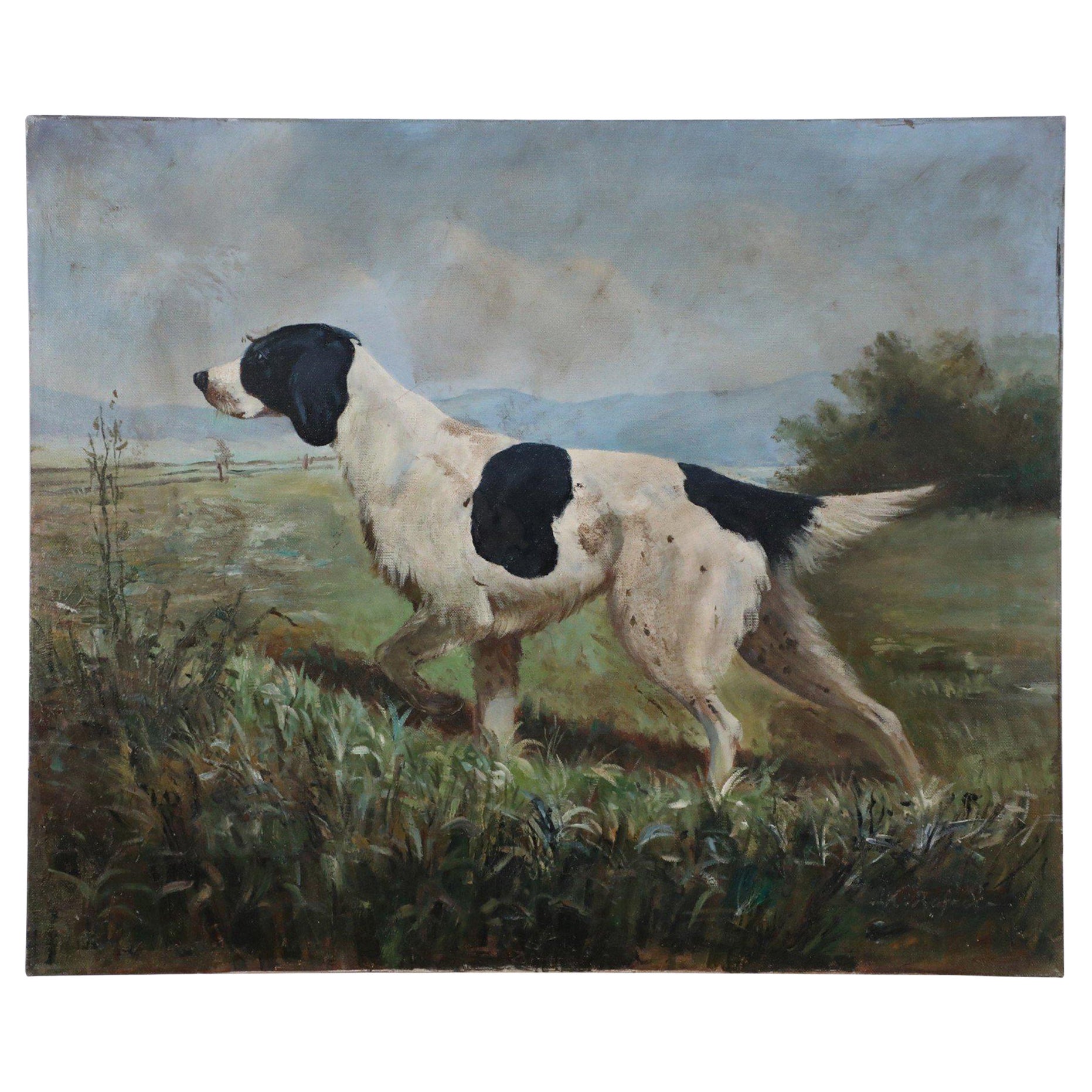 Vintage Black and White Hunting Dog Oil Painting on Canvas