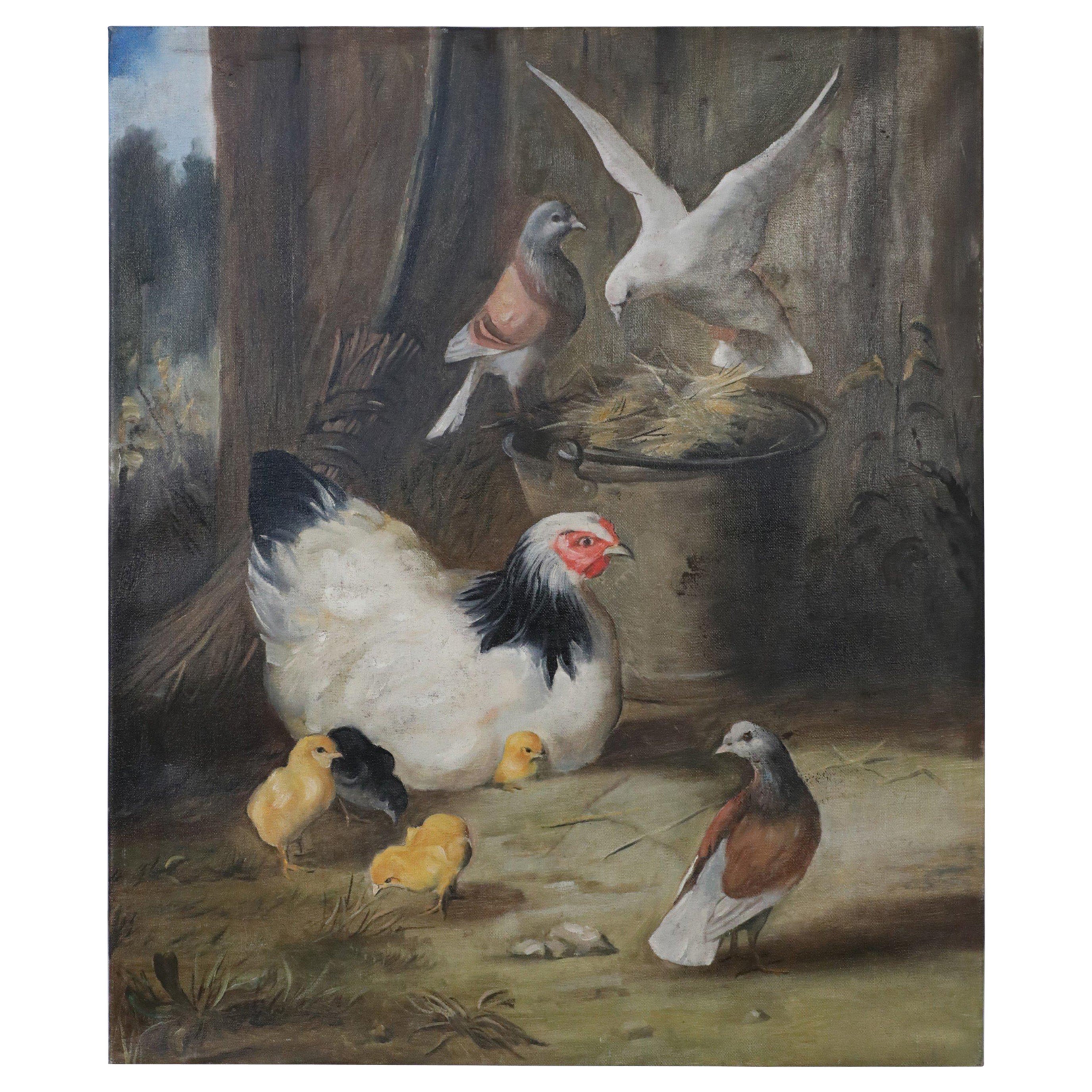 Feeding Fowl Oil Painting on Canvas For Sale