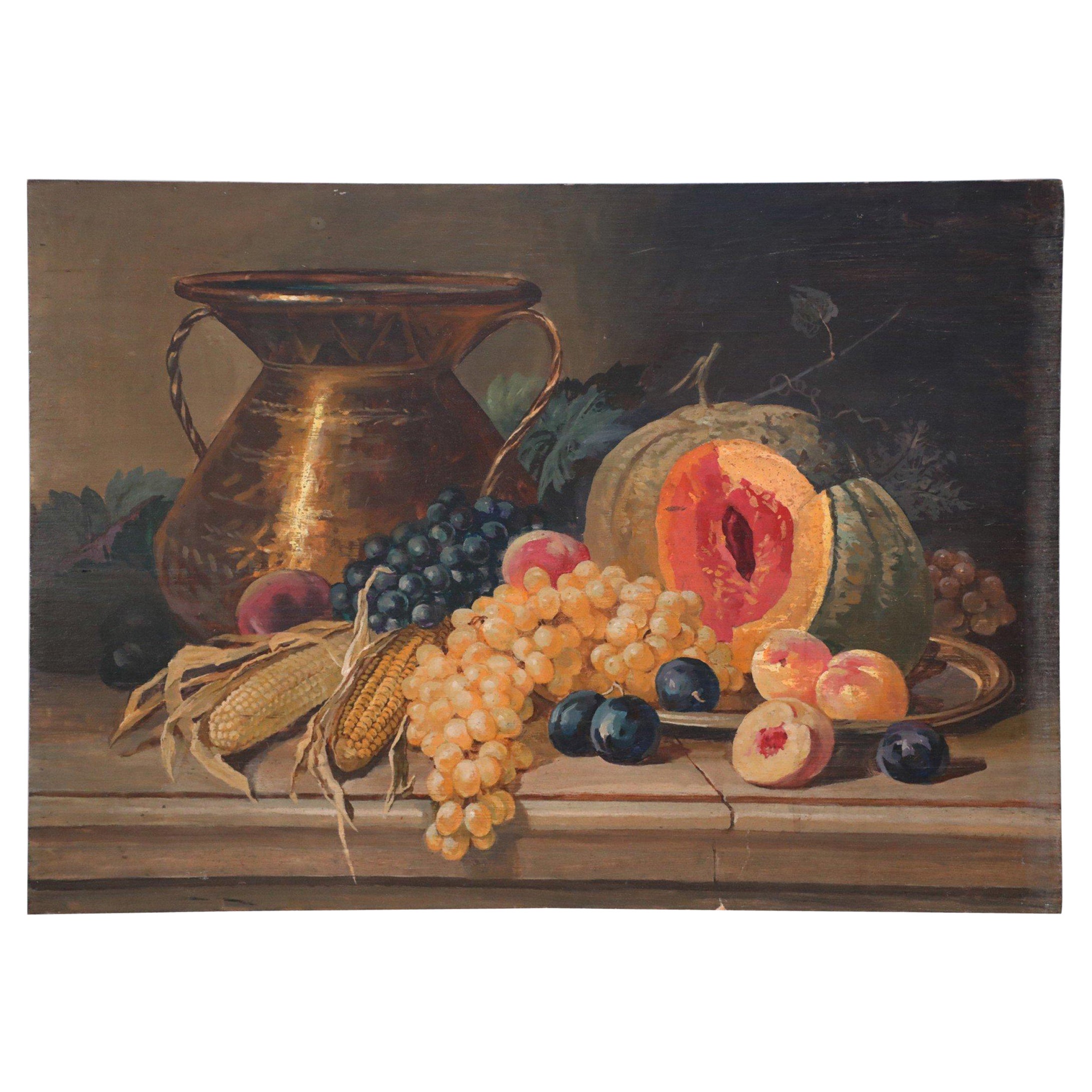 Fruits, Vegetables, and Gold Urn Still Life Painting on Wood For Sale