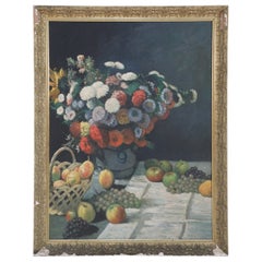 Framed Still Life Oil Painting of a Flower Arrangement and Scattered Grapes and