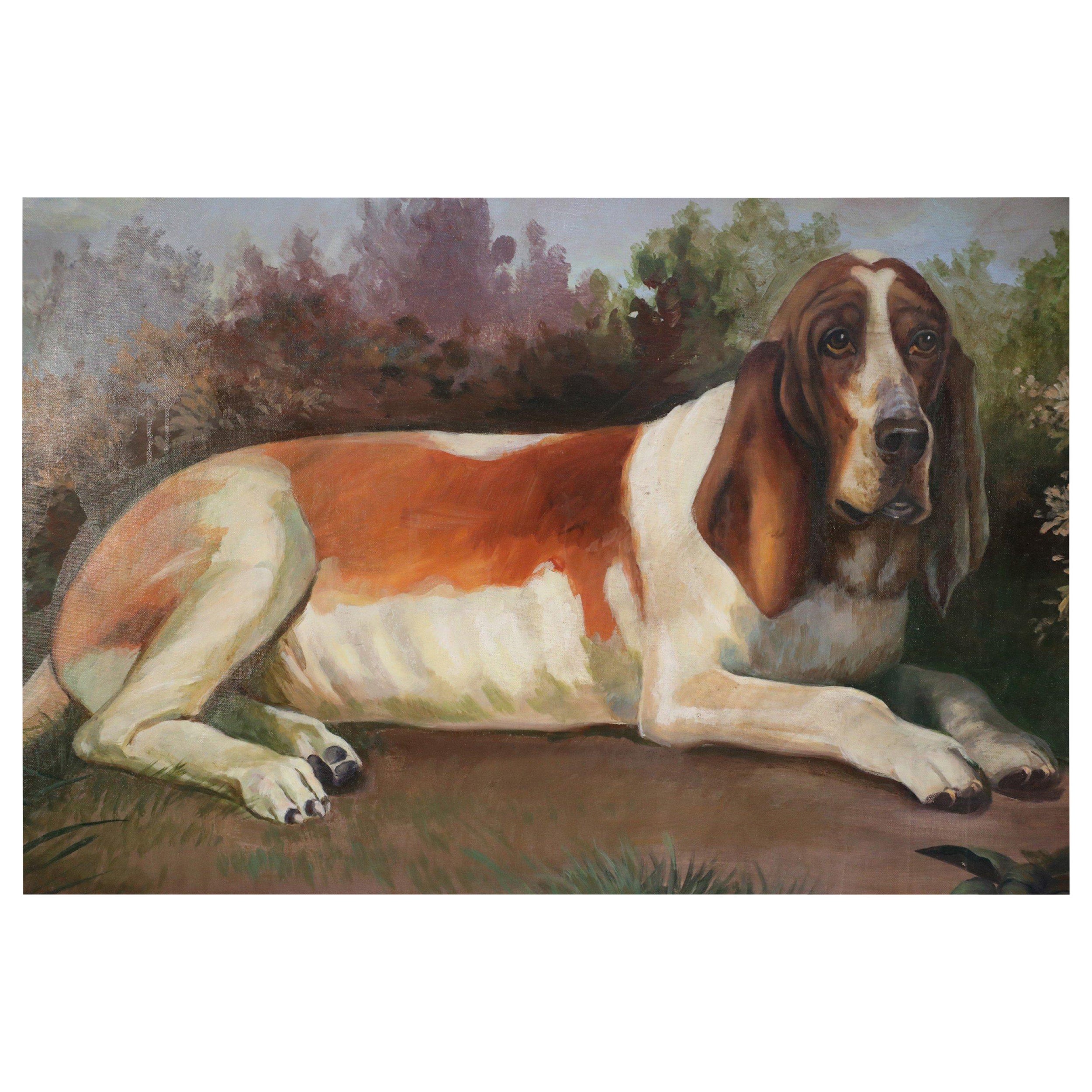 Vintage (20th Century) portrait of a brown and white basset hound captured on a path amid grasses and autumnal plants and trees, on a large rectangular unframed canvas.
 