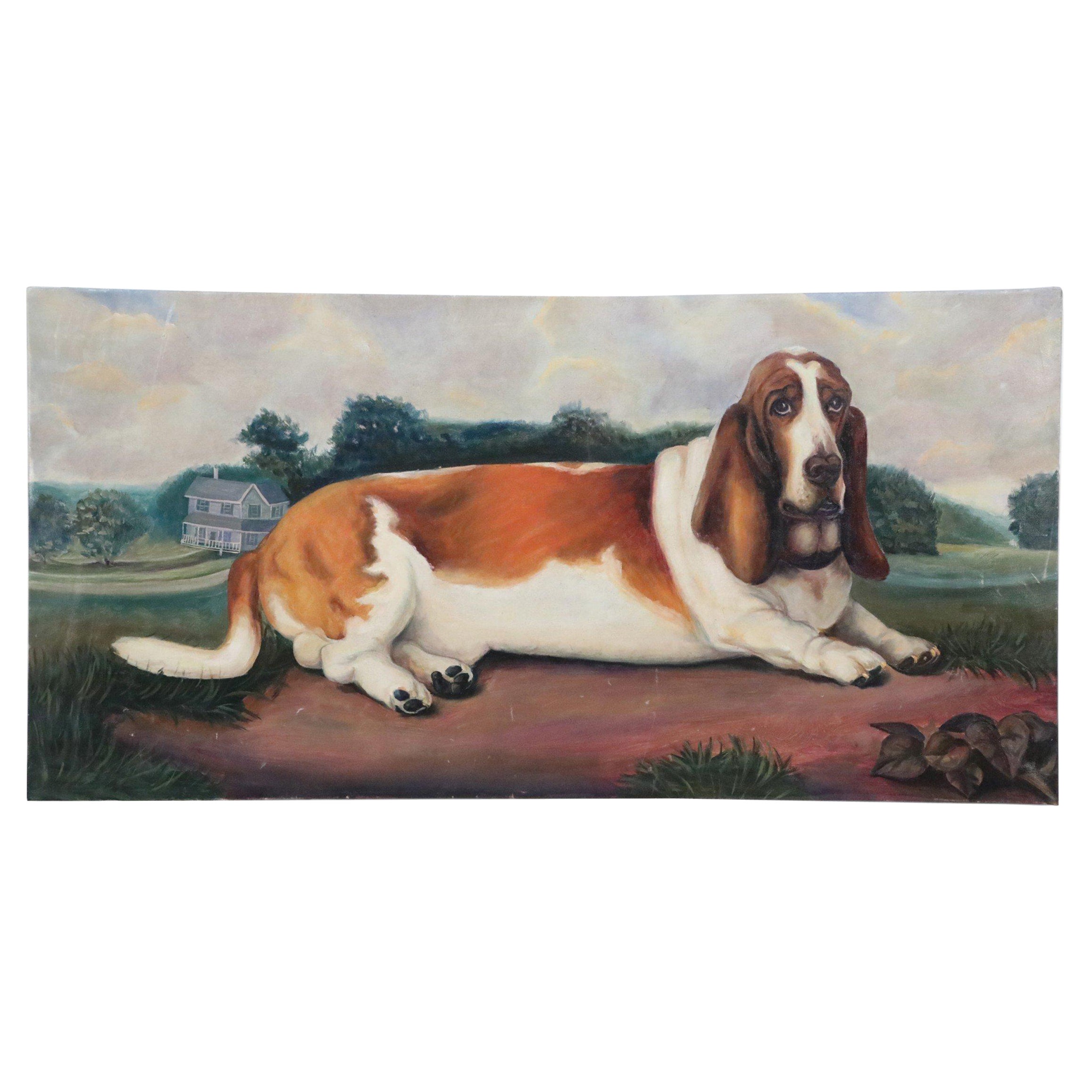 Portrait d'un chien de basset dans la nature, peinture sur toile en vente