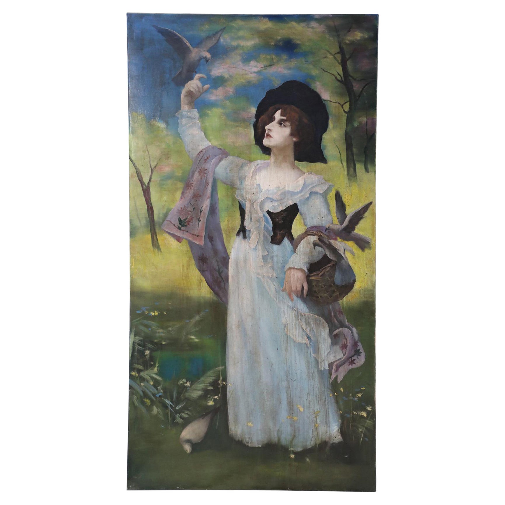 Portrait d'une femme avec un oiseau, peinture sur toile