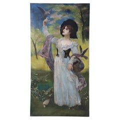 Portrait d'une femme avec un oiseau, peinture sur toile