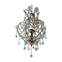 Antique Opaline Blue and White Murano Drops Crystal Swags Chandelier, circa 1920