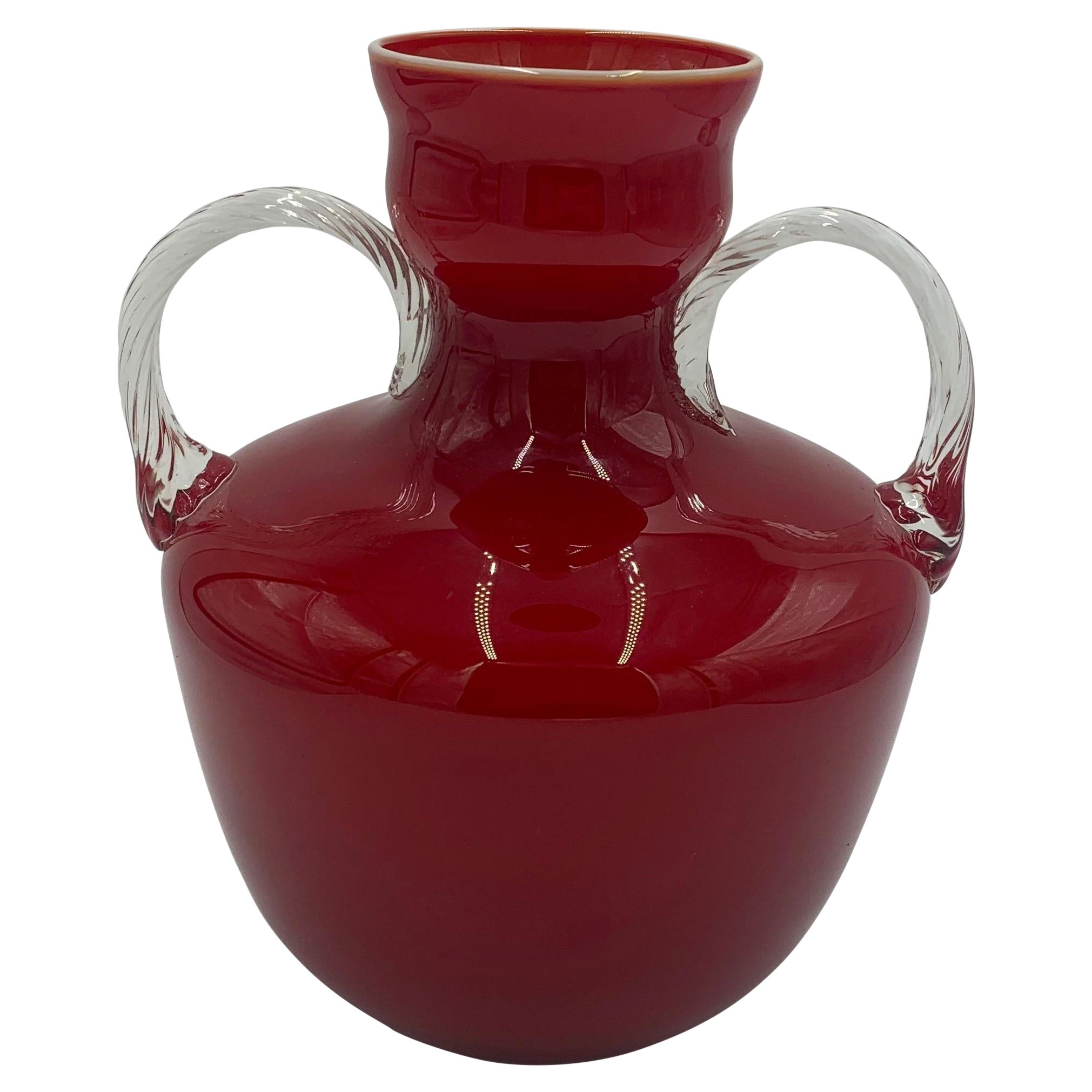 Large Red Opalina Fiorentina Glass Vase Empoli, Italy, 1960s