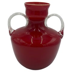 Large Red Opalina Fiorentina Glass Vase Empoli, Italy, 1960s