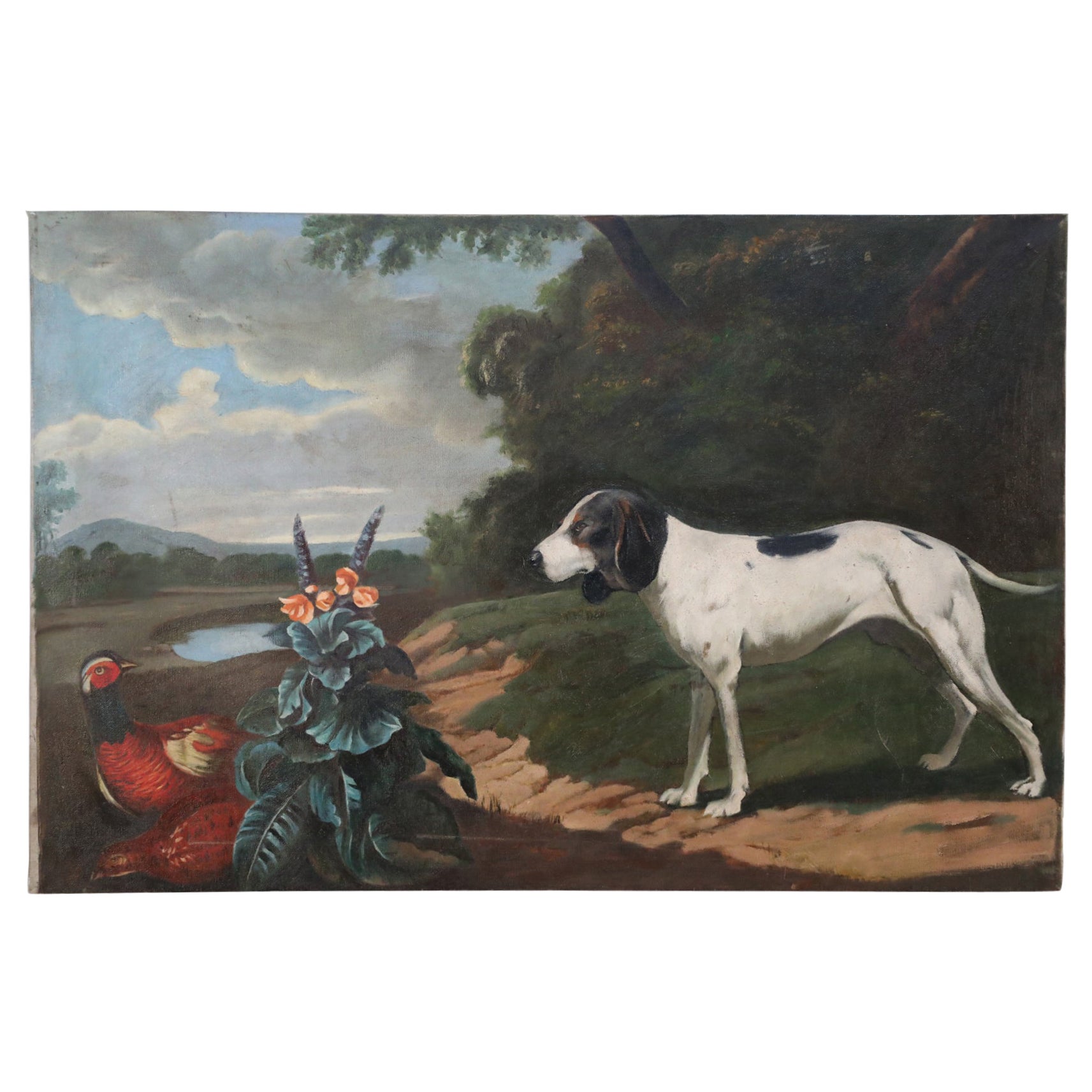 Dog and Pheasant Oil Painting on Canvas For Sale