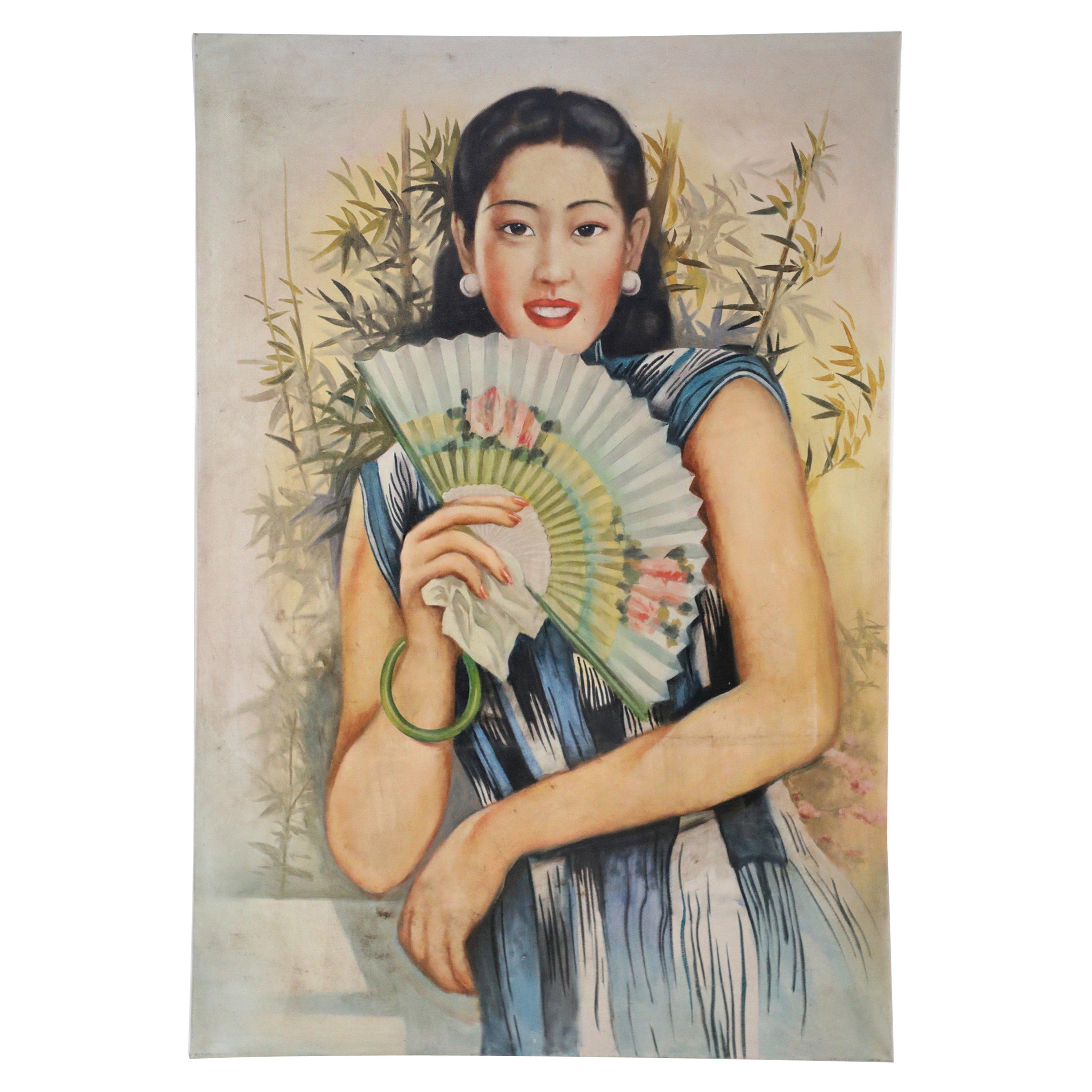 Peinture de portrait sur toile - Femme avec éventail de papier en vente