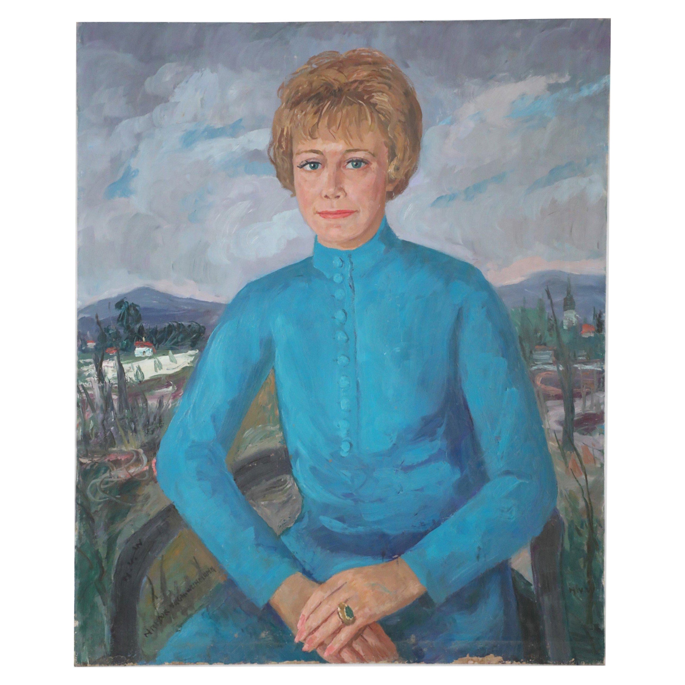 Portrait d'une femme dans une robe bleue, peinture sur toile en vente