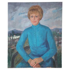 Ritratto di donna in abito blu dipinto su tela