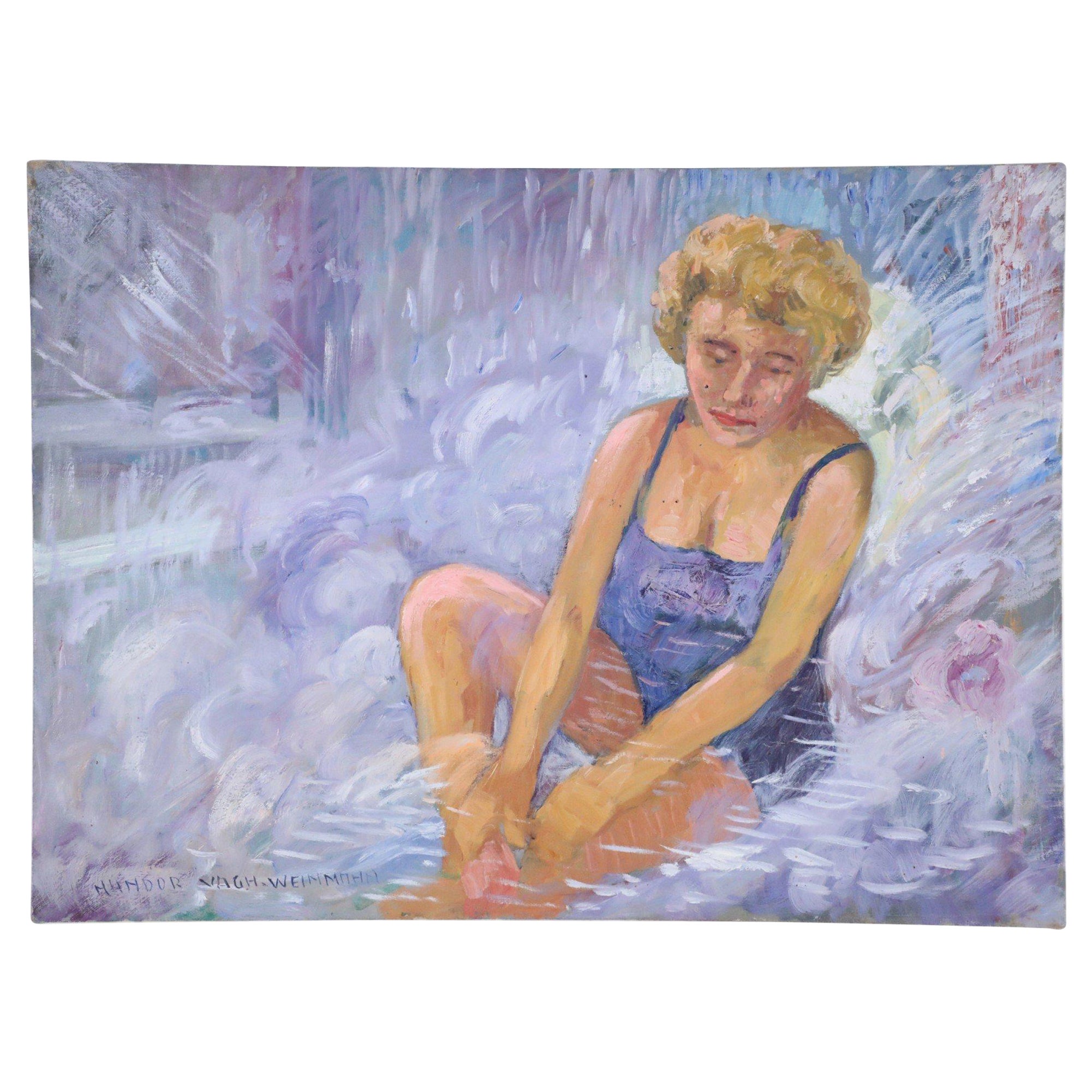 Woman in Bathing Suit Painting on Canvas