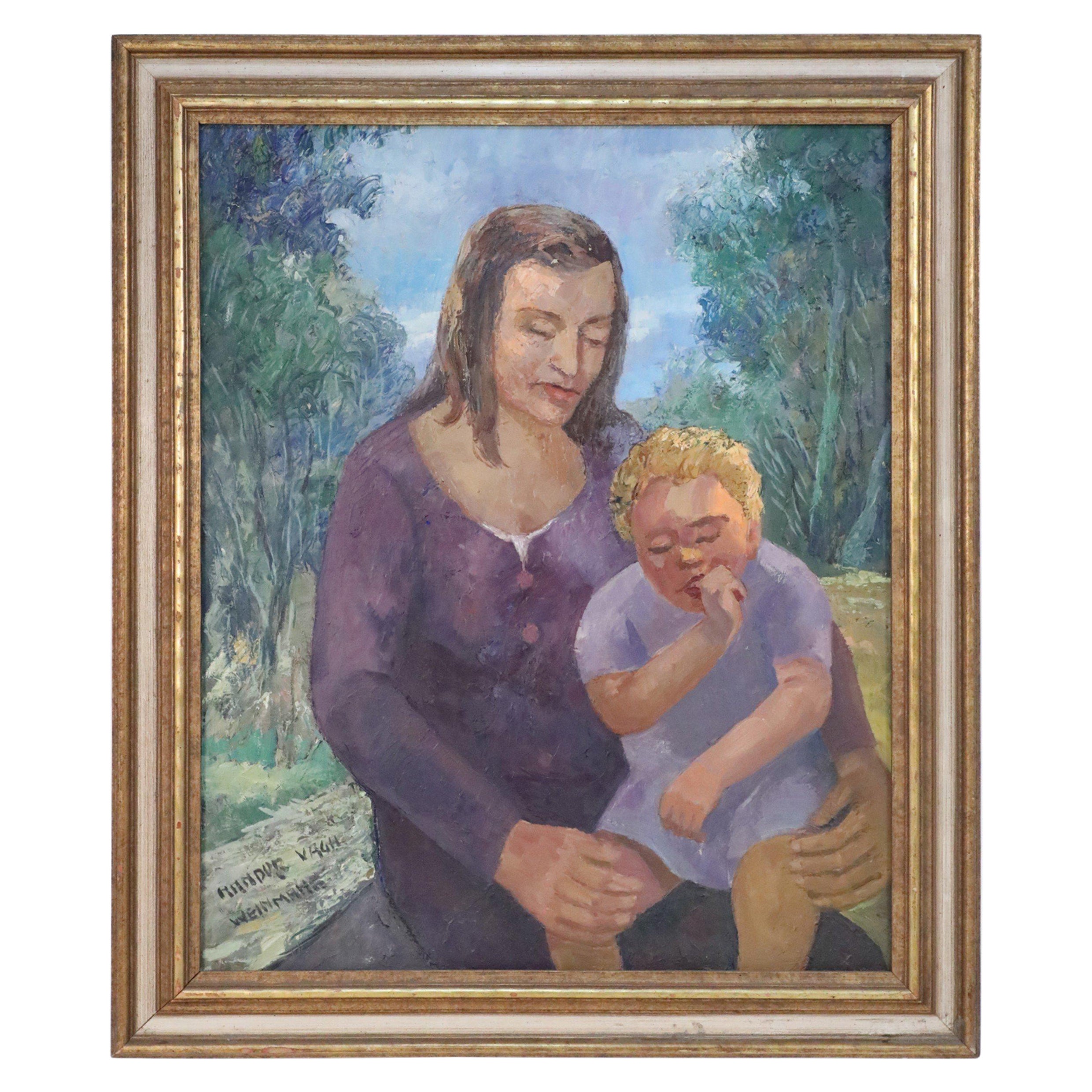 Peinture à l'huile d'un portrait de femme avec enfant encadrée