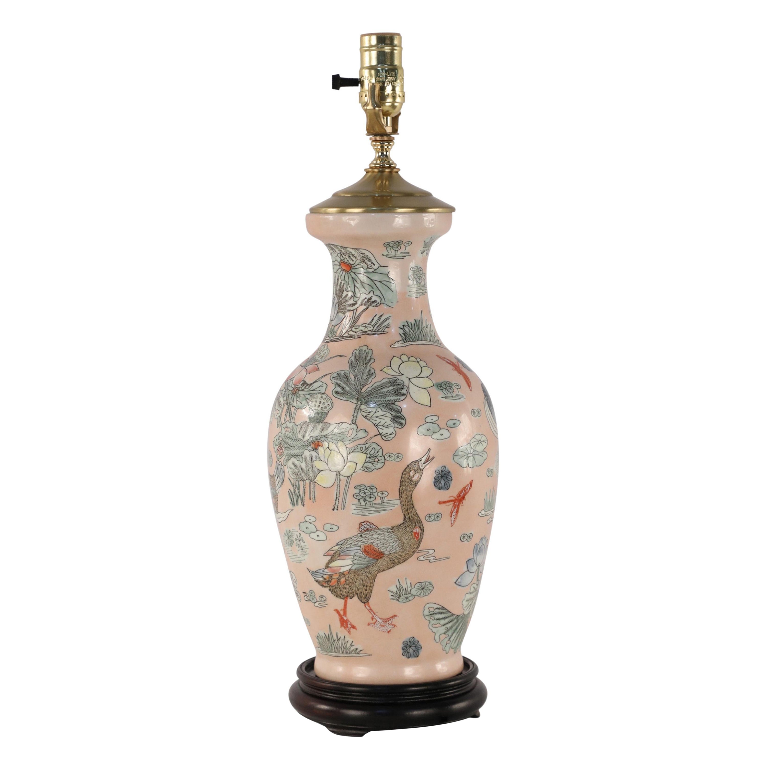 Chinese Pink Floral and Duck Design Table Lamp For Sale