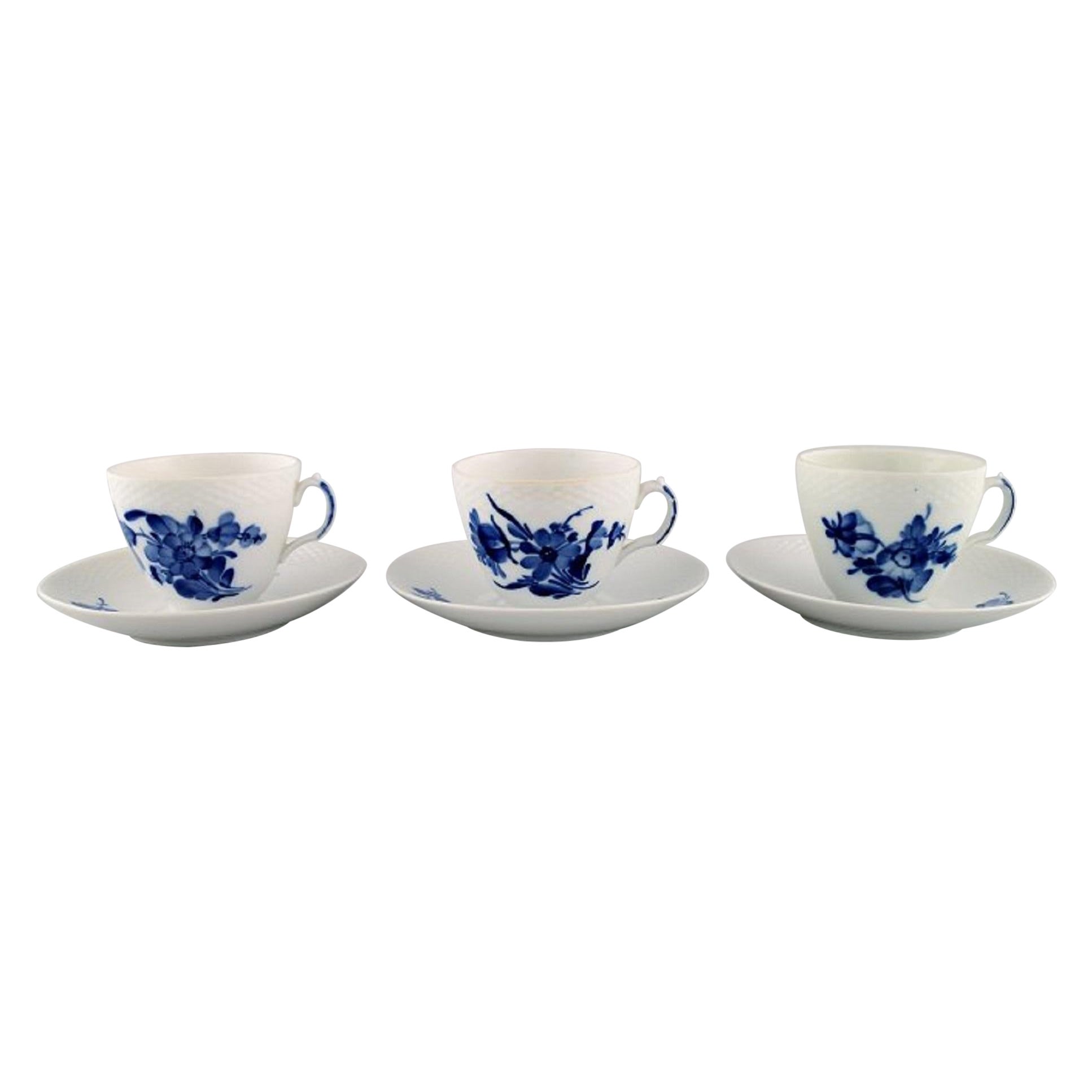 Three Royal Copenhagen Blue Flower Braided Coffee Cups with Saucers, 1950s