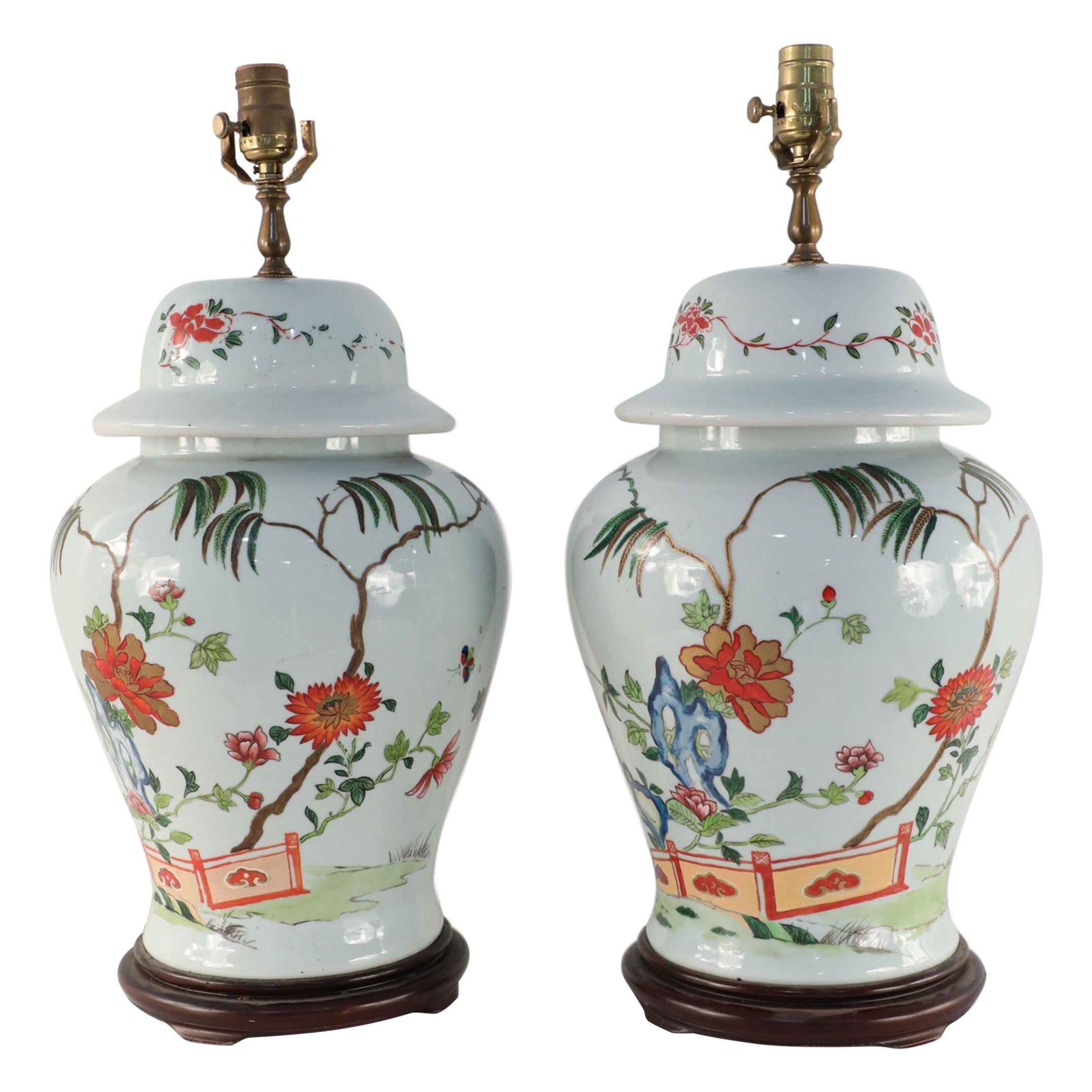 Pair of Chinese Off-White Floral and Bamboo Design Table Lamps