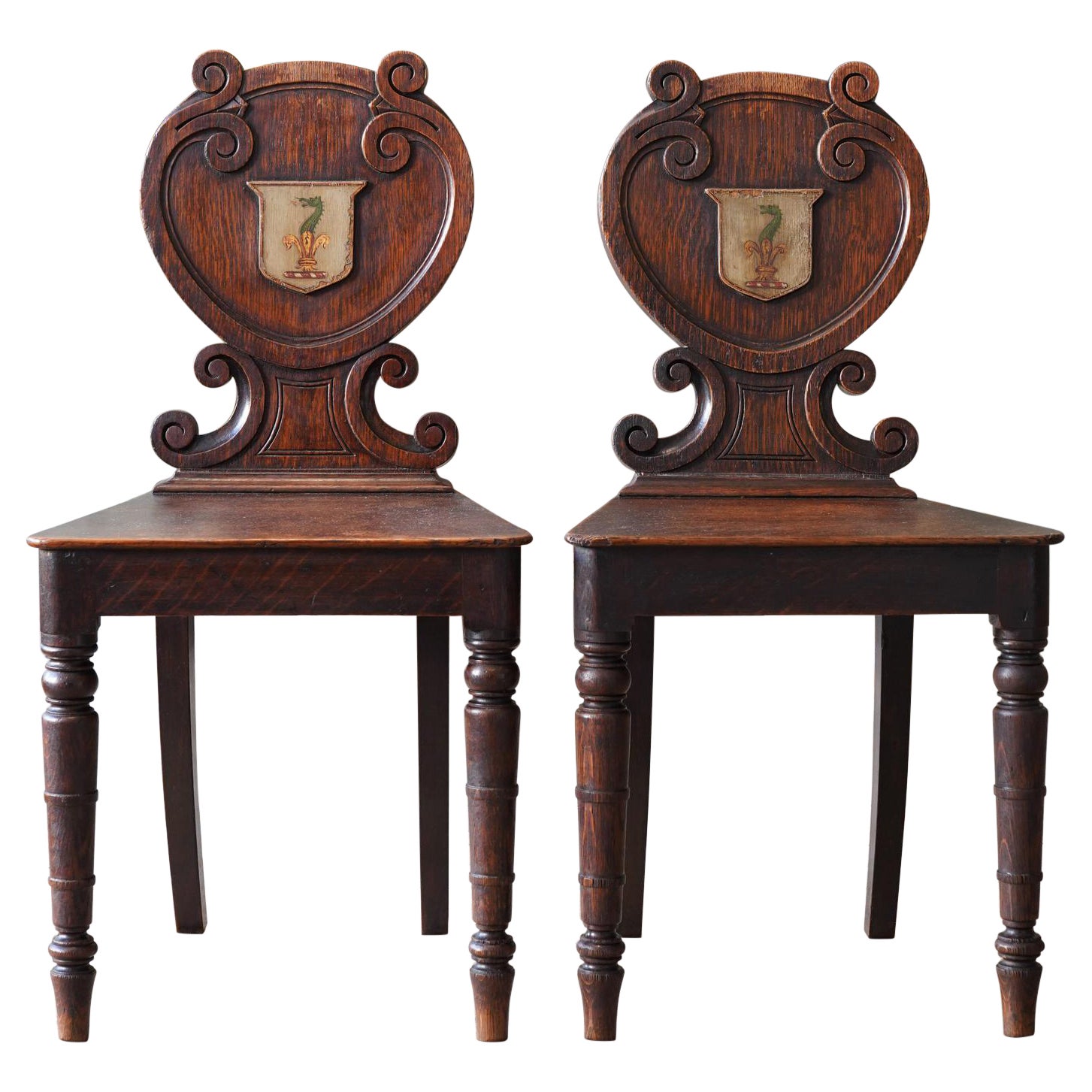 Pair of Oak Armorial Hall Chairs