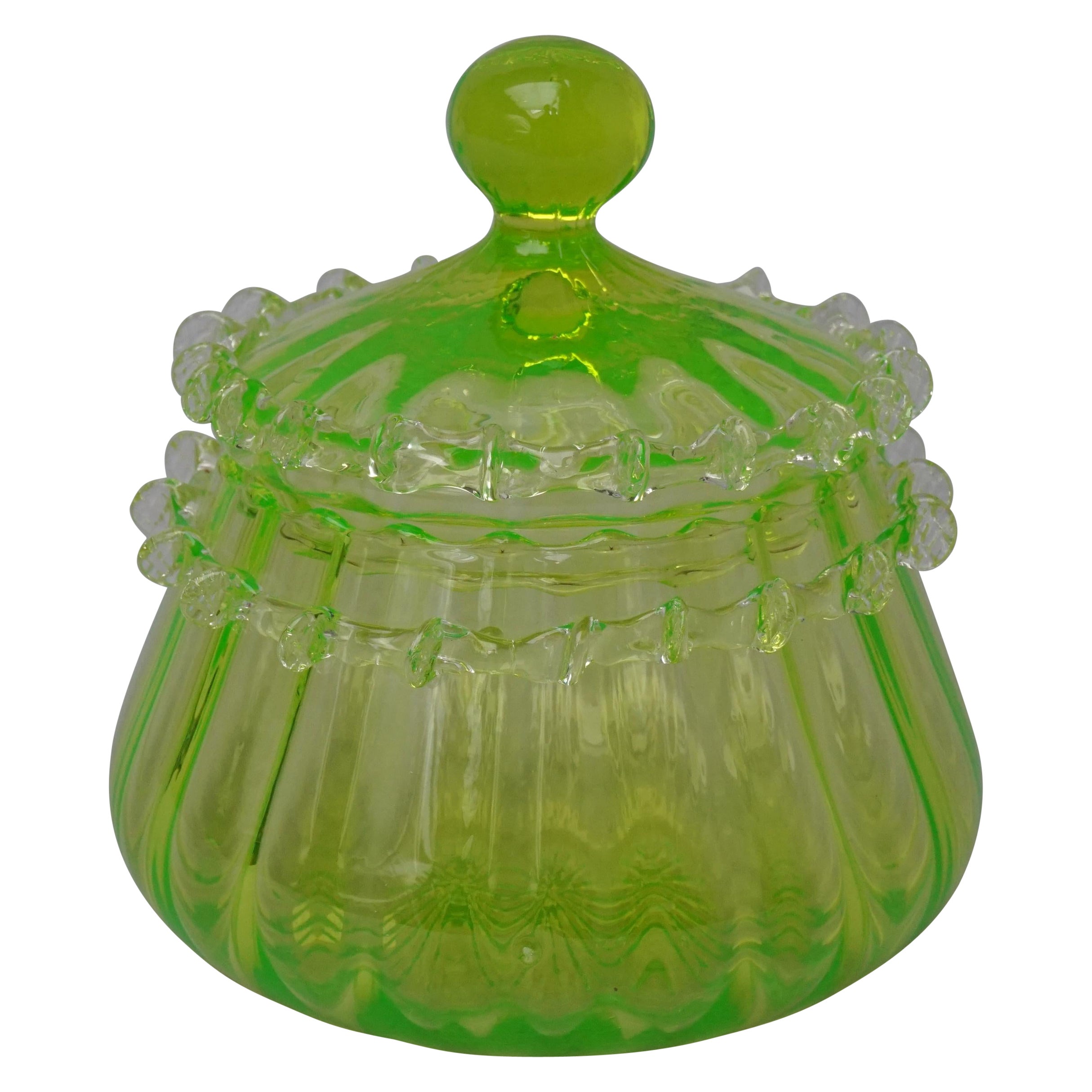 Mid-Century Modern Italian Empoli Candy Jar Vaseline Uranium Glass Yellow Green