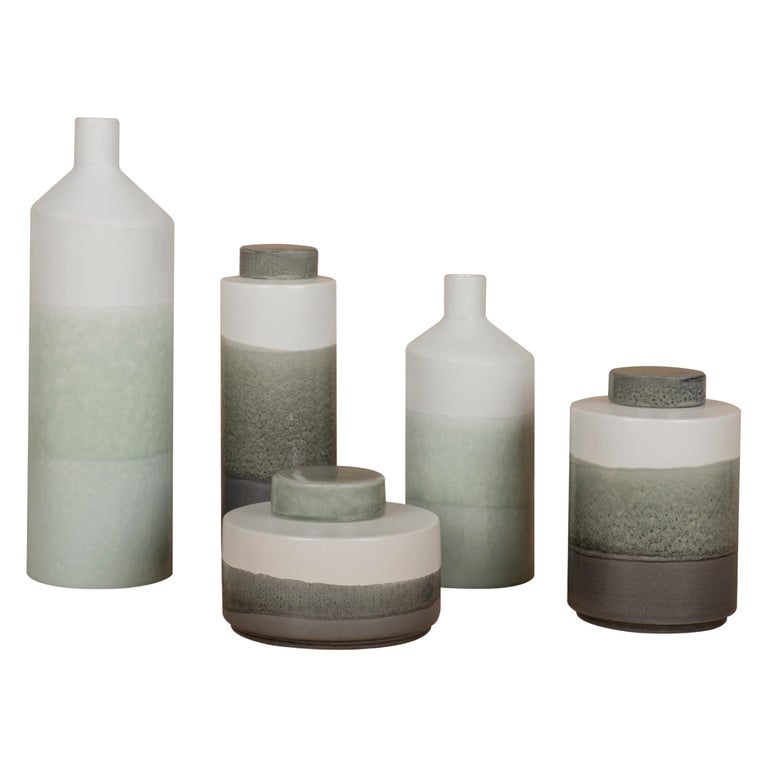 Set/5 Ceramic Pots, White & Grey, Handmade in Portugal by Lusitanus Home For Sale