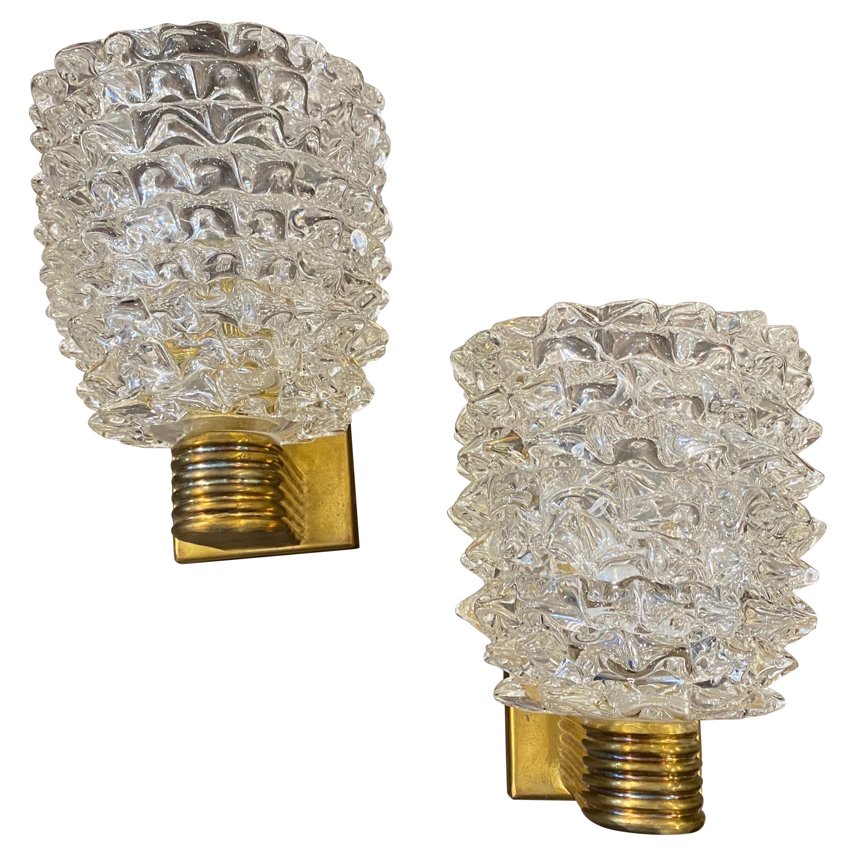 Two Brass and Rostrato Murano Glass Wall Sconces in the Manner of Barovier