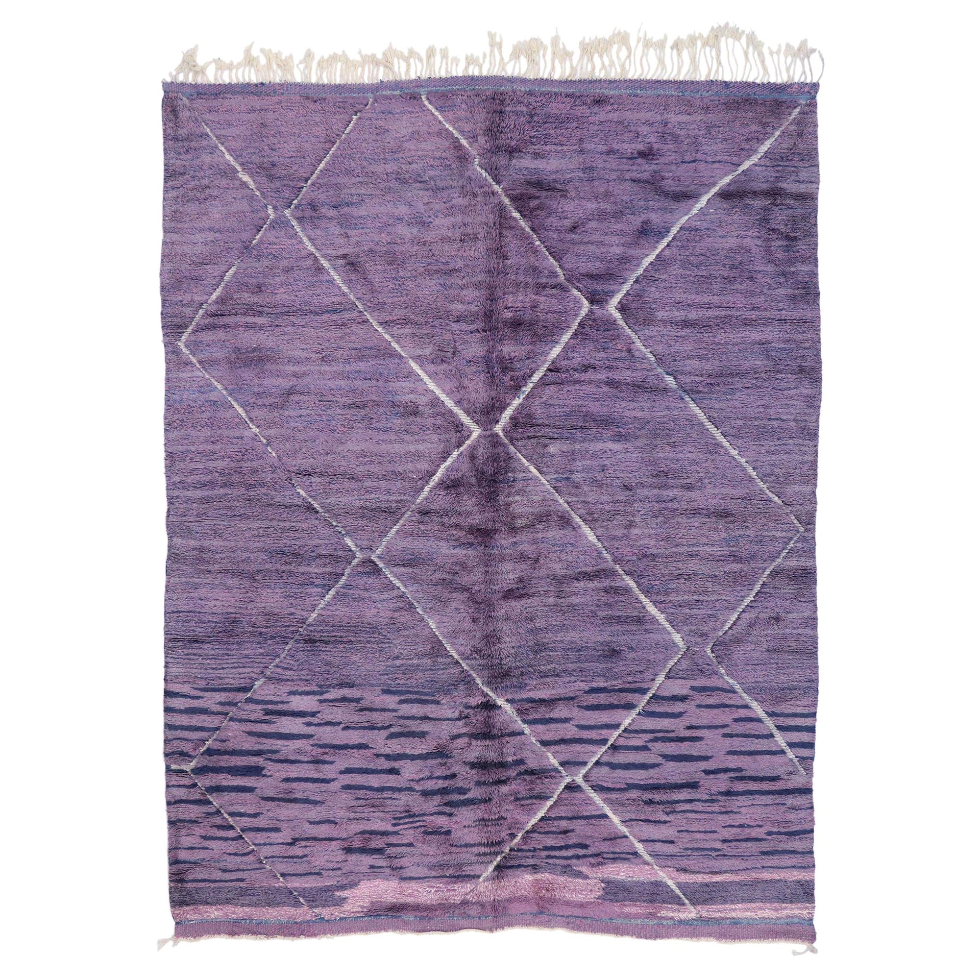 Large Purple Abstract Moroccan Rug, Modern Boho Meets Hygge Luxe For Sale