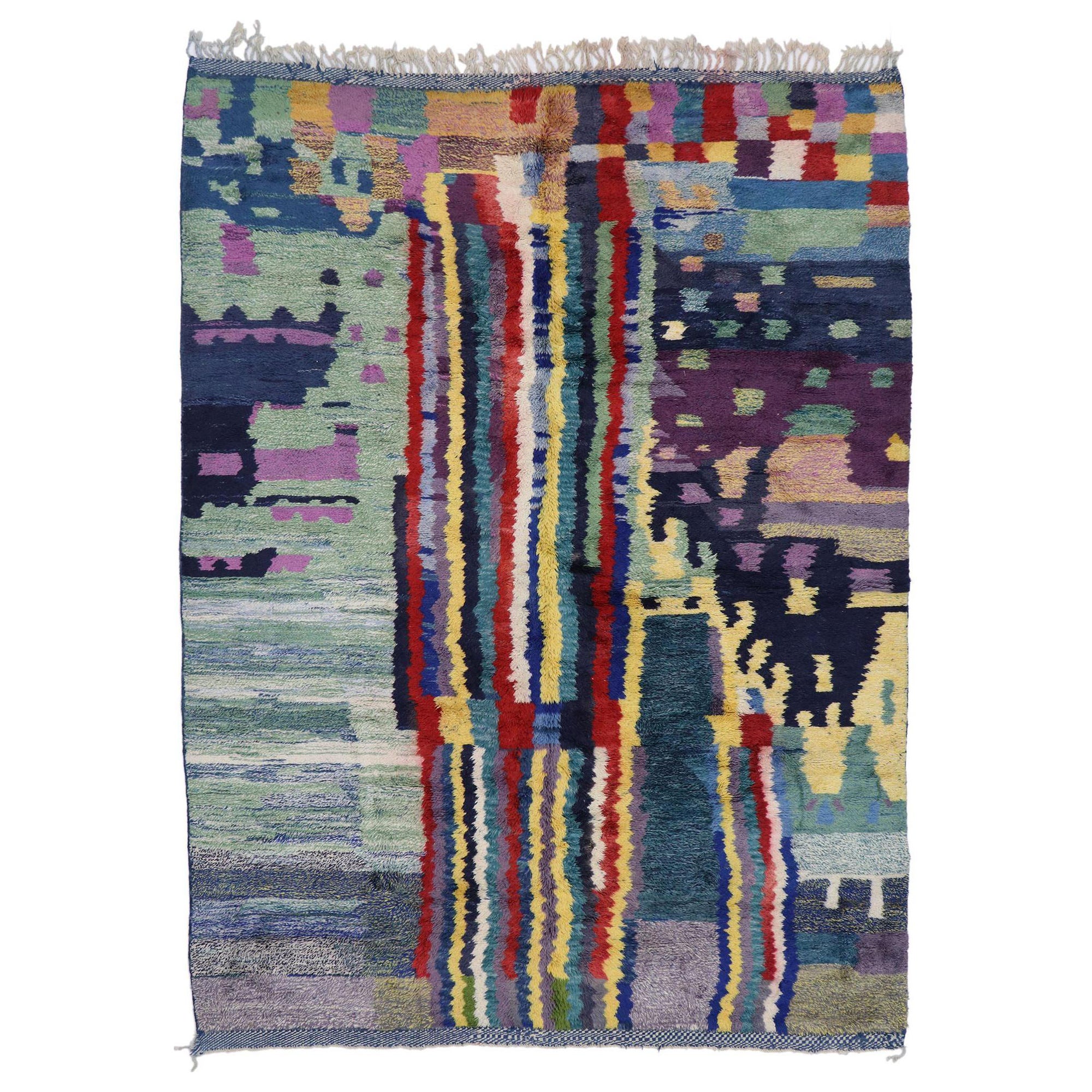 Large Colorful Abstract Moroccan Rug, Nomadic Charm Meets Expressionist Style For Sale