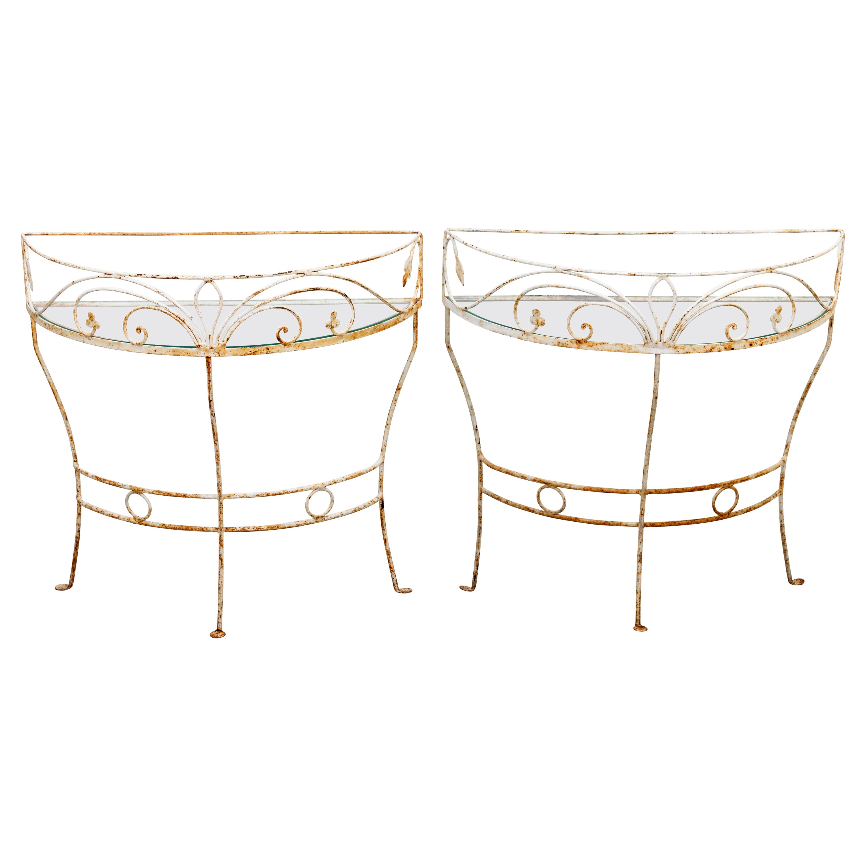 Pair Wrought Iron Demi Lune Tables in the Manner of Salterini