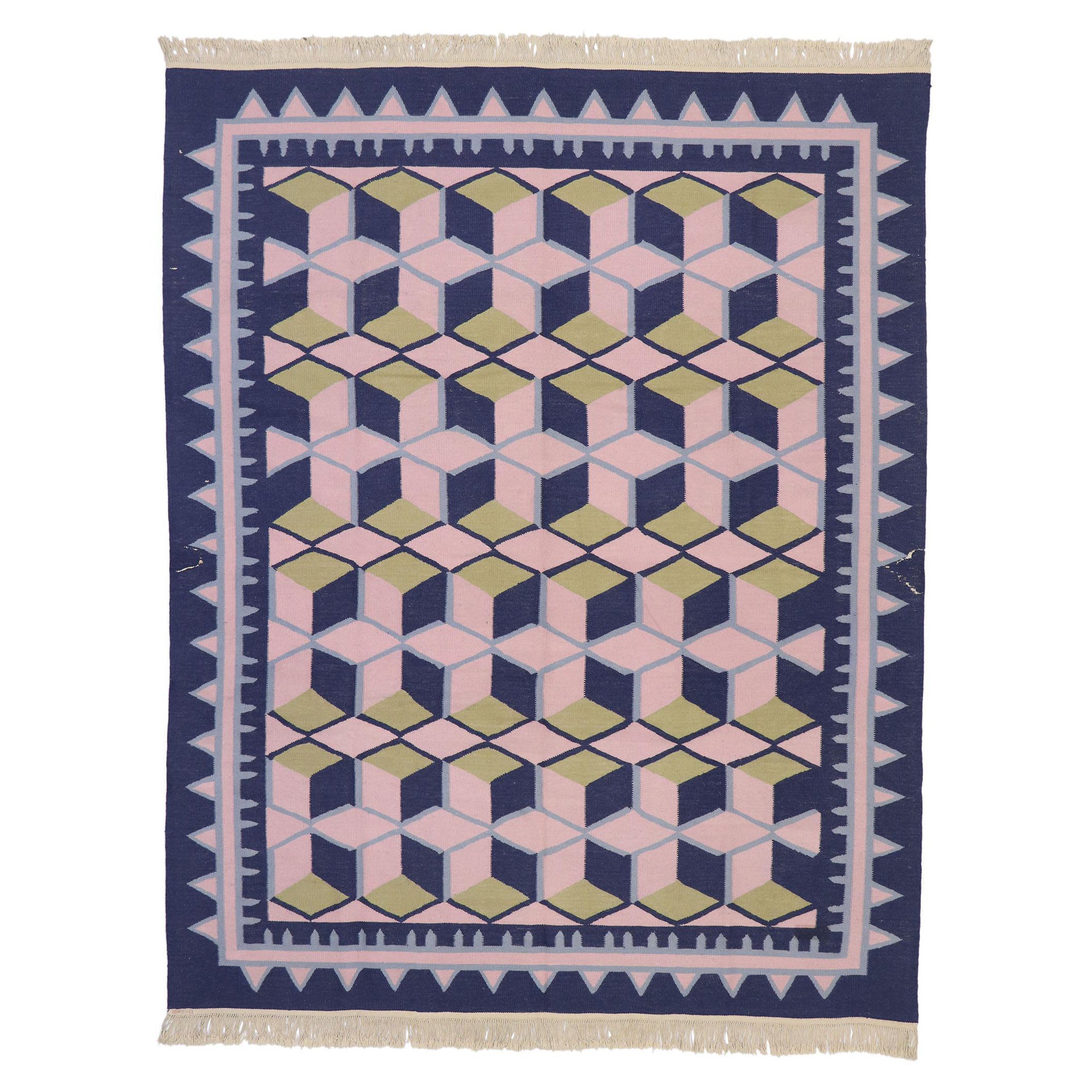 Vintage Chinese Geometric Kilim Rug with Postmodern Cubist Style For Sale