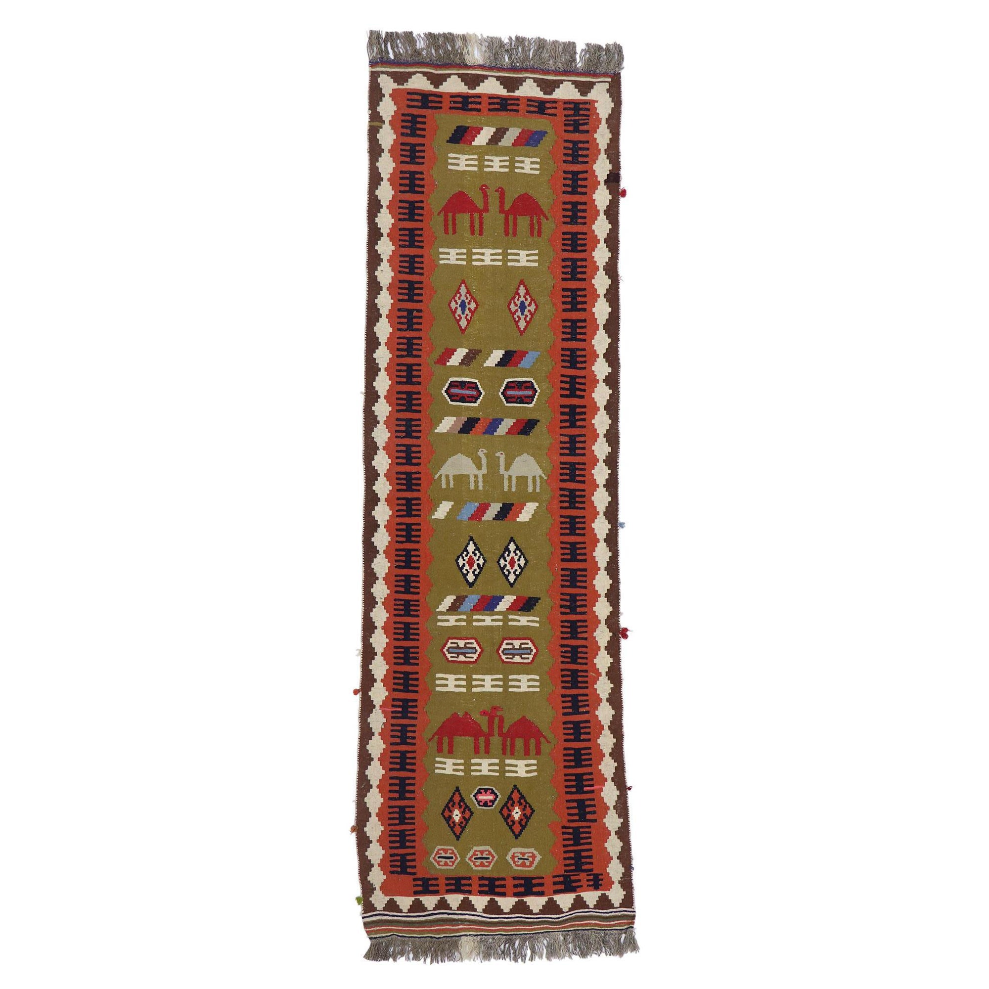 Vintage Persian Shiraz Kilim Rug, Luxury Lodge Meets Nomadic Charm For Sale
