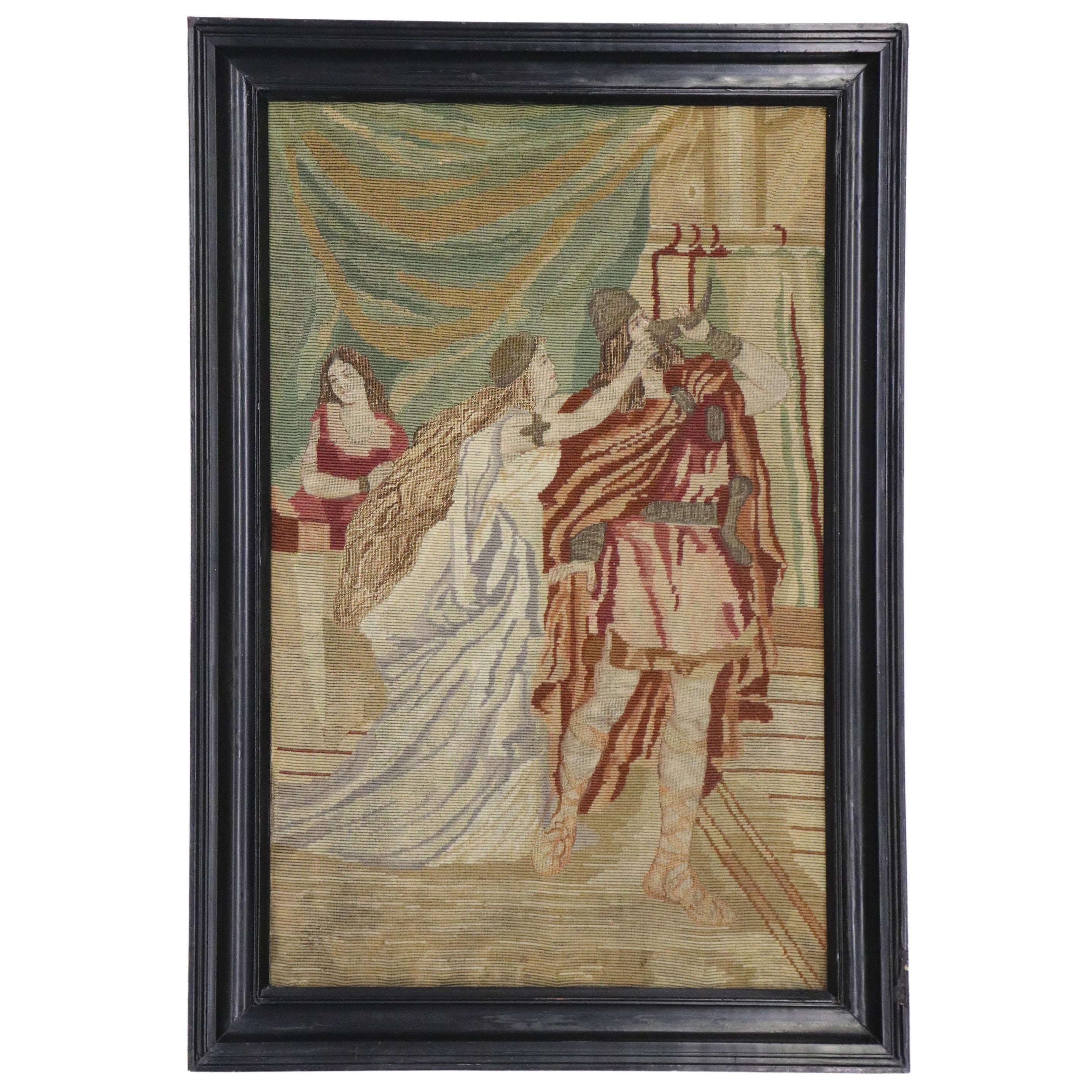 Tapisserie anglaise ancienne Tristan et Isolde à l'aiguille de style médiéval en vente