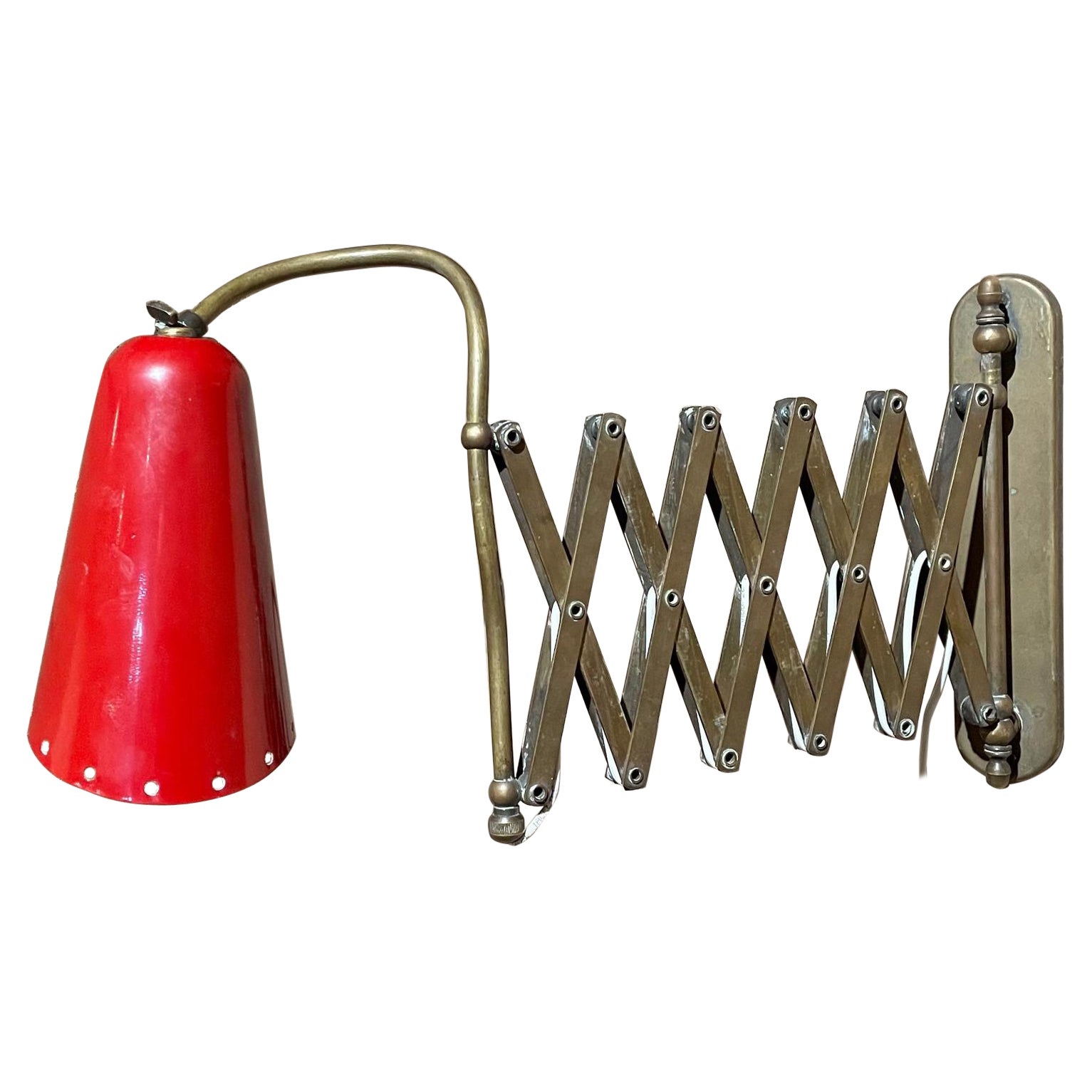 1950s Italian Wall Sconce Red Scissor Lamp Patinated Brass Italy For Sale