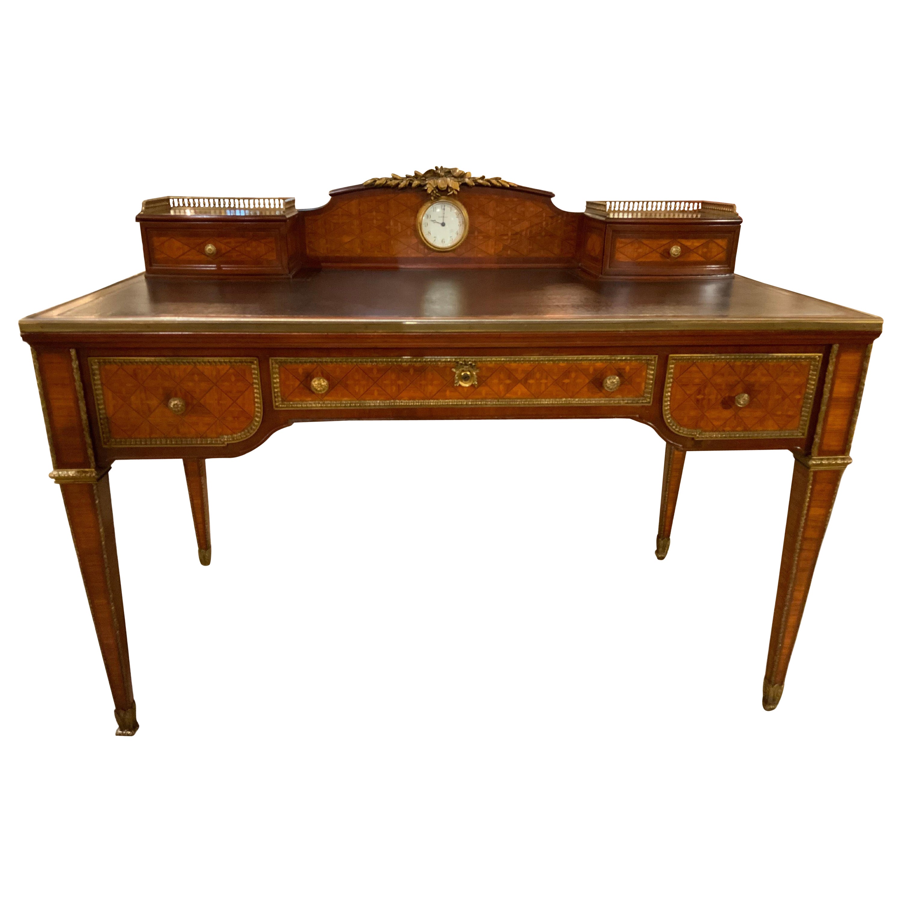 French Parquetry Inlaid Desk with Leather Top and Inset Clock