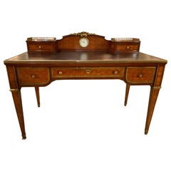 French Parquetry Inlaid Desk with Leather Top and Inset Clock