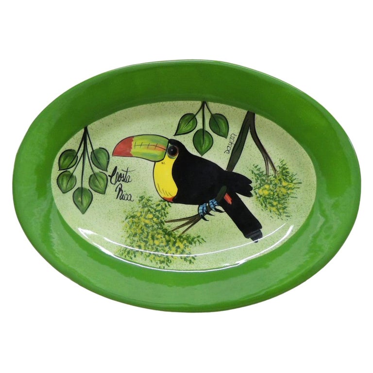 Oval Hand Painted Decorative Dish Depicting a Tucan For Sale at 1stDibs
