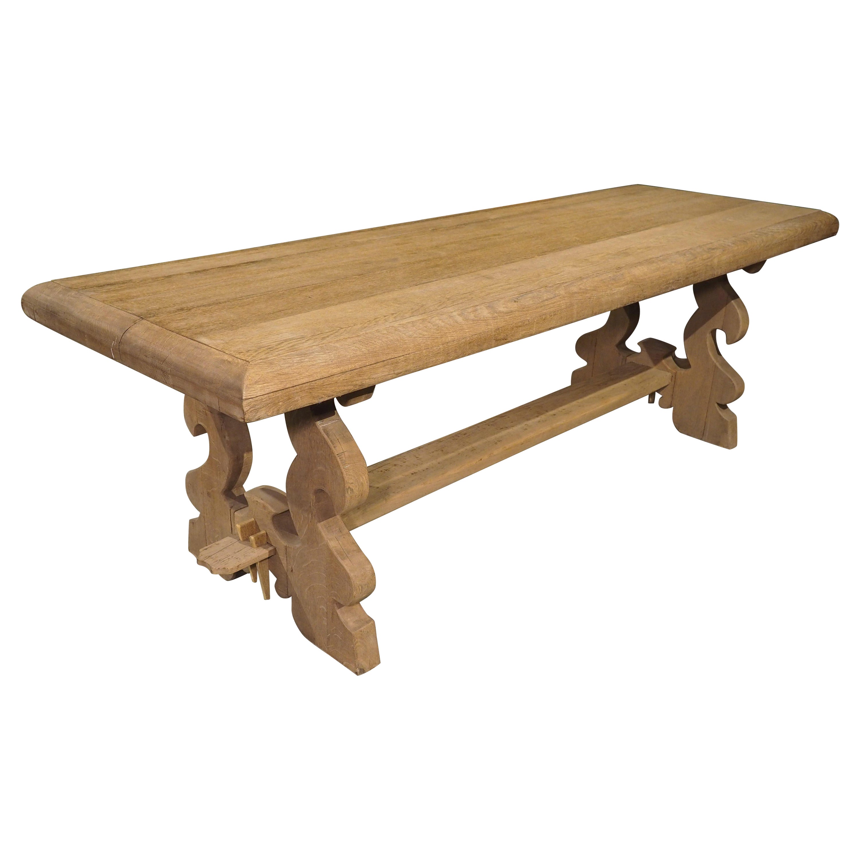 Bleached Italian Baroque Style Oak Trestle Table with Lyre Shaped Legs