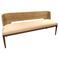 Chic Organic Modern Woven Rattan Bamboo and Upholstered Bench Sofa