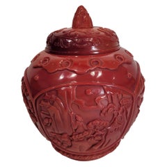 Qianlong Style Carved Red Opaque Glass Covered Jar