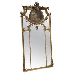 Antique French Louis XV Style Trumeau Mirror with Oil on Canvas Painting