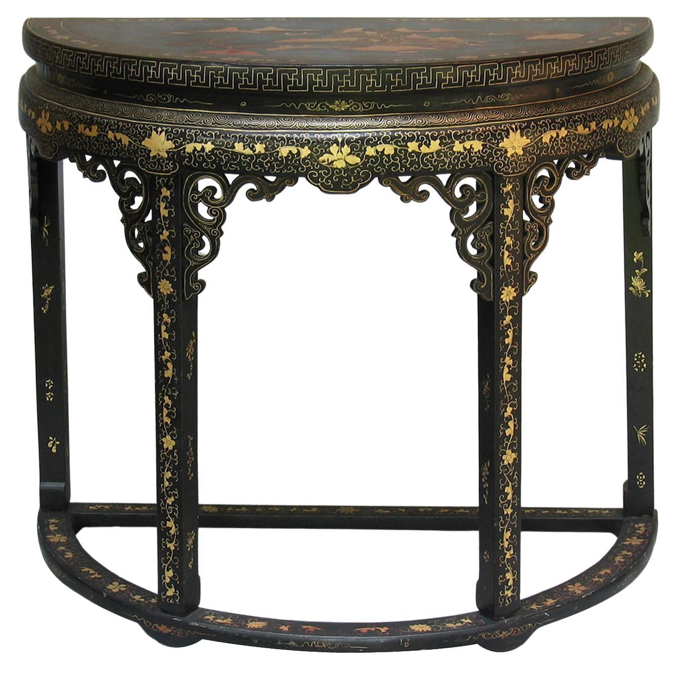 Chinese Export Gilt Lacquer Decorated Demi-lune Console Table Early 19th Century For Sale