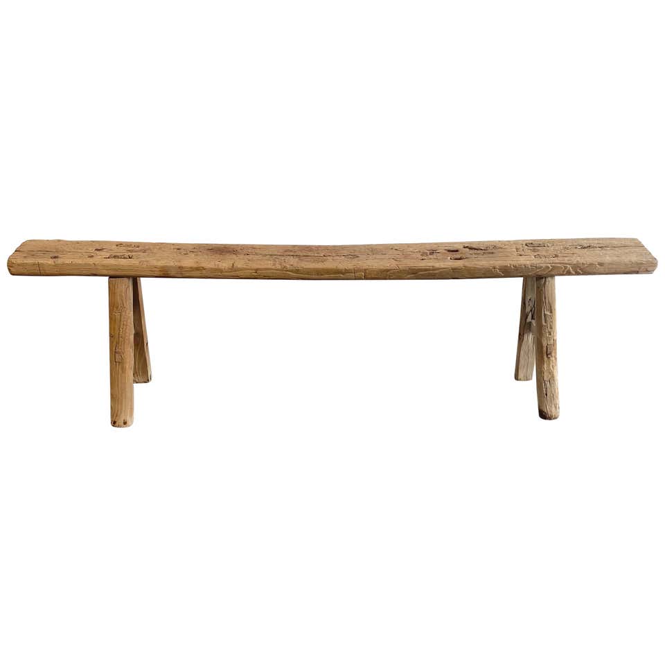 Vintage Elm Wood Skinny Bench with Rustic Plank Seat Top at 1stDibs ...