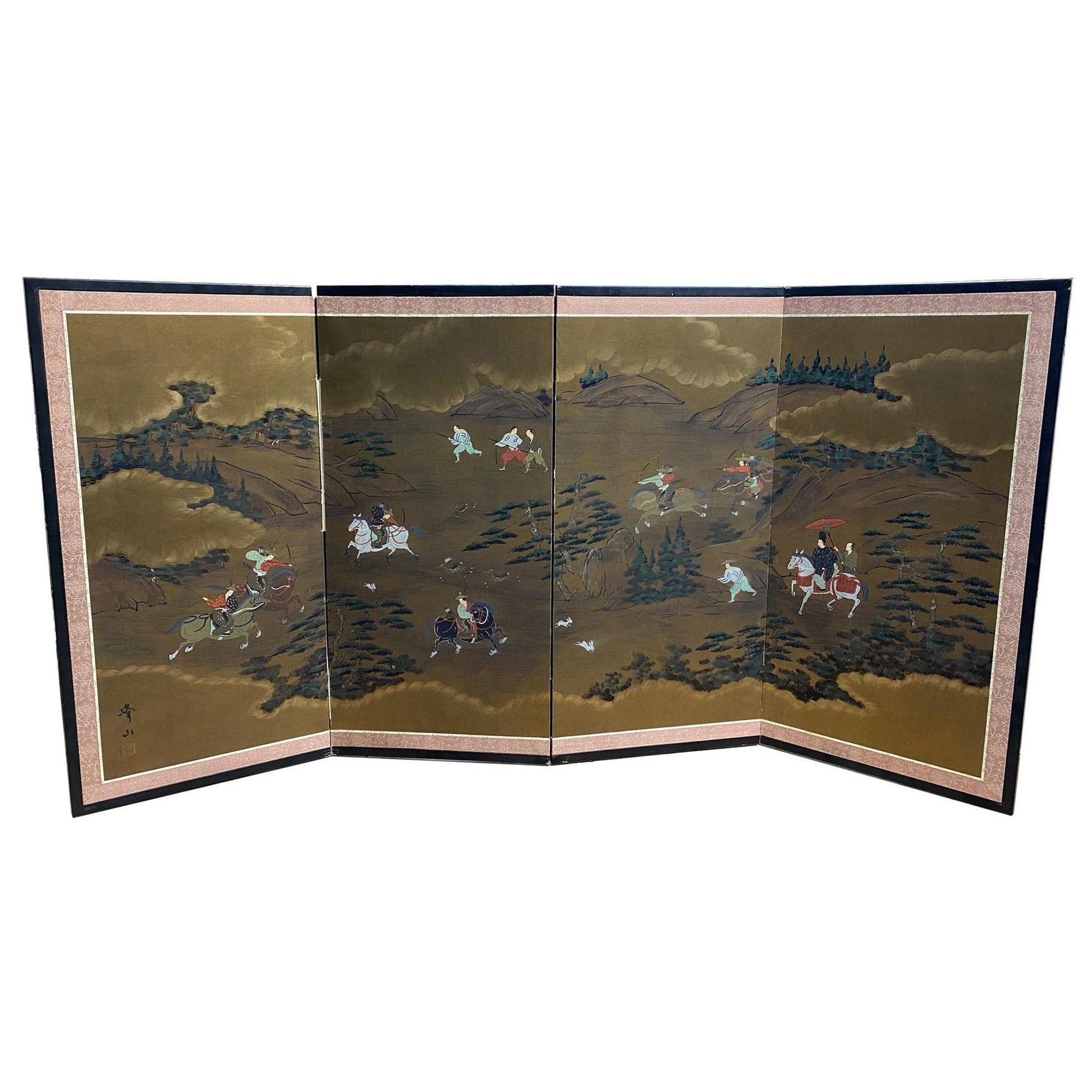 Japanese Asian Signed Four-Panel Folding Byobu Screen Landscape Hunting Scene