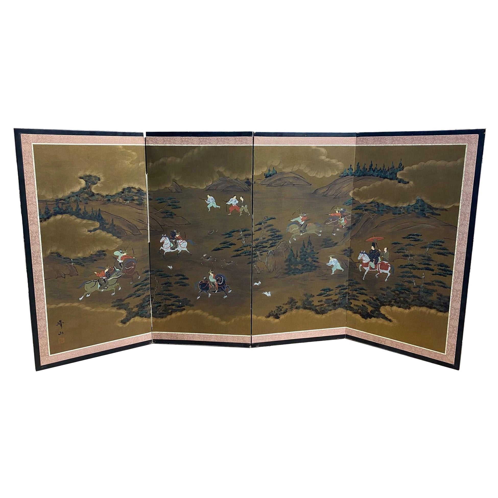 Japanisch-asiatische, signierte, vierteilige, klappbare Byobu-Raumteiler-Landschaft mit Jagdszenen