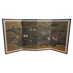 Paravent Byobu pliant japonais asiatique signé à quatre panneaux, paysage de chasse