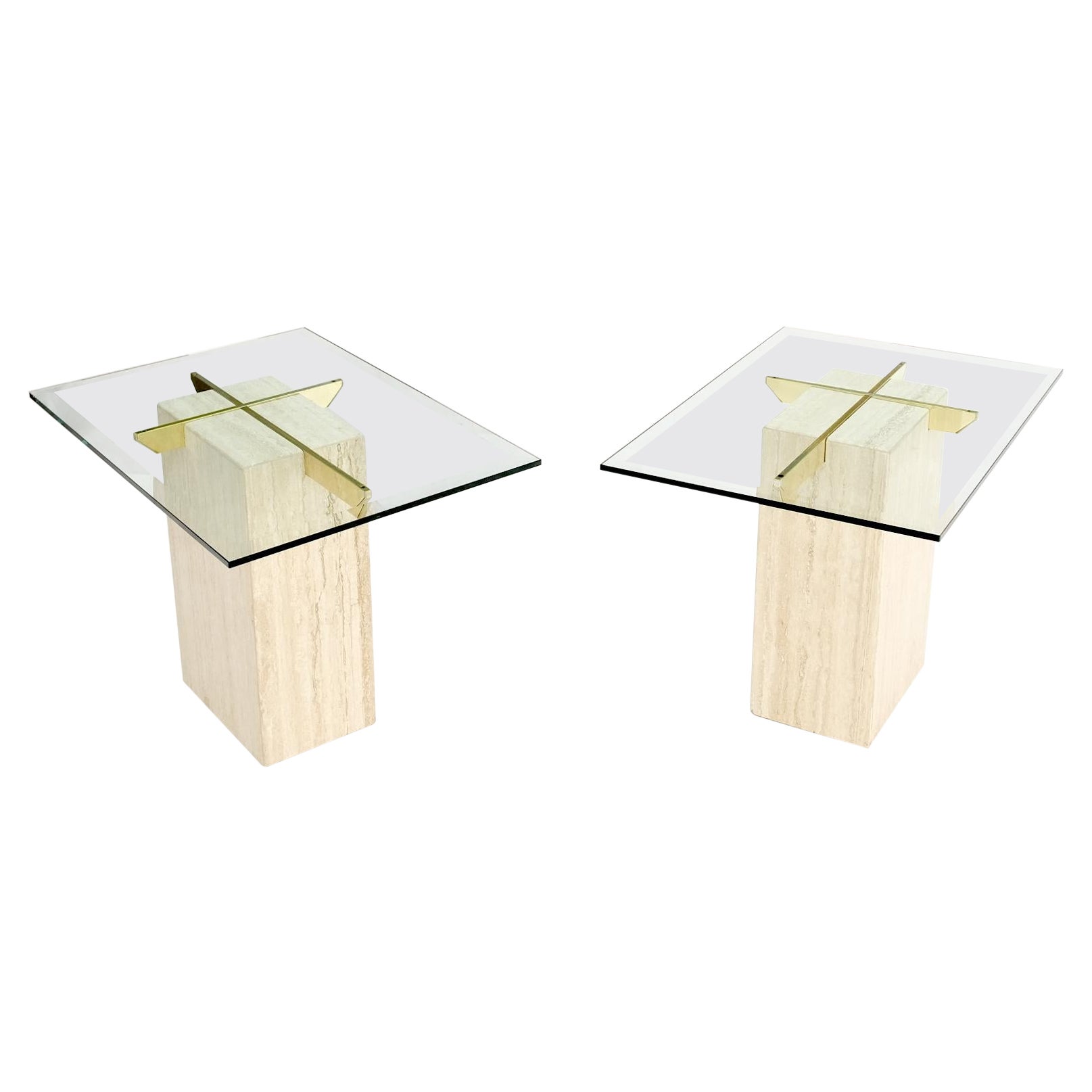 Pair of Travertine Pedestal Bases Brass Frames Glass Tops End Side Tables Stands For Sale
