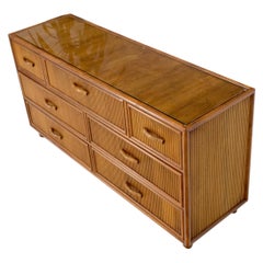 Seven Drawers Pencil Reed Bamboo Rattan Style Long Dresser w/ Glass Top