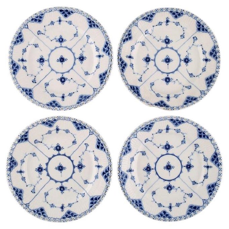 Four Antique Royal Copenhagen Blue Fluted Full Lace Plates, 19th Century