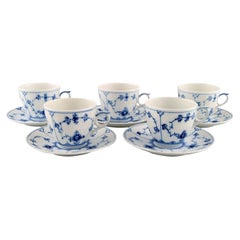 Five Royal Copenhagen Blue Fluted Plain Coffee Cups with Saucers
