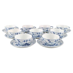 9 Royal Copenhagen Blue Fluted Plain Teacups with Saucers, Model Number 1/76